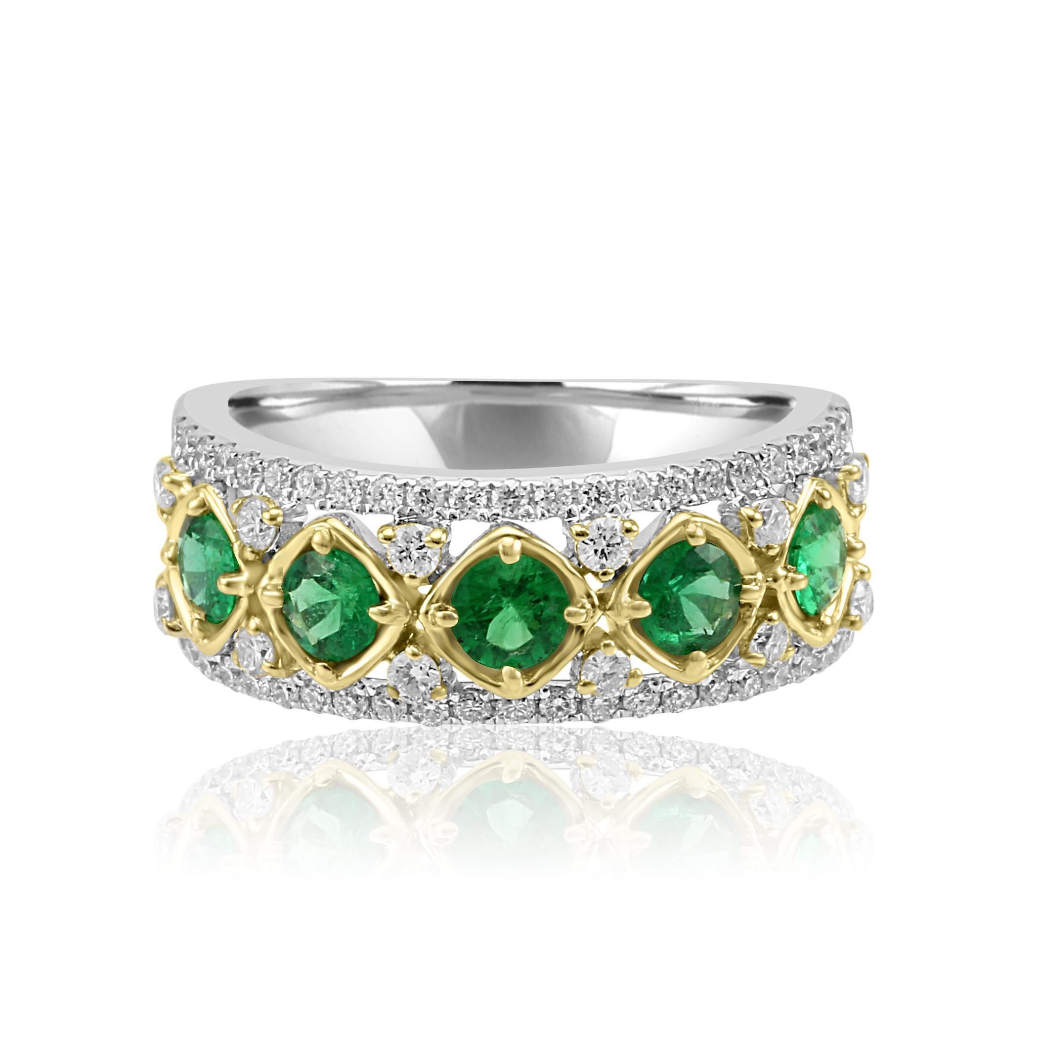 Gorgeous 5 Round Emeralds 0.70 Carat flanked by White G-H Color  Si Clarity Diamond Rounds 0.50 Carat in 14K White and Yellow Gold Cocktail Band Ring.

Total Stones Weight 1.20

Style available in different price ranges, can be customized or custom