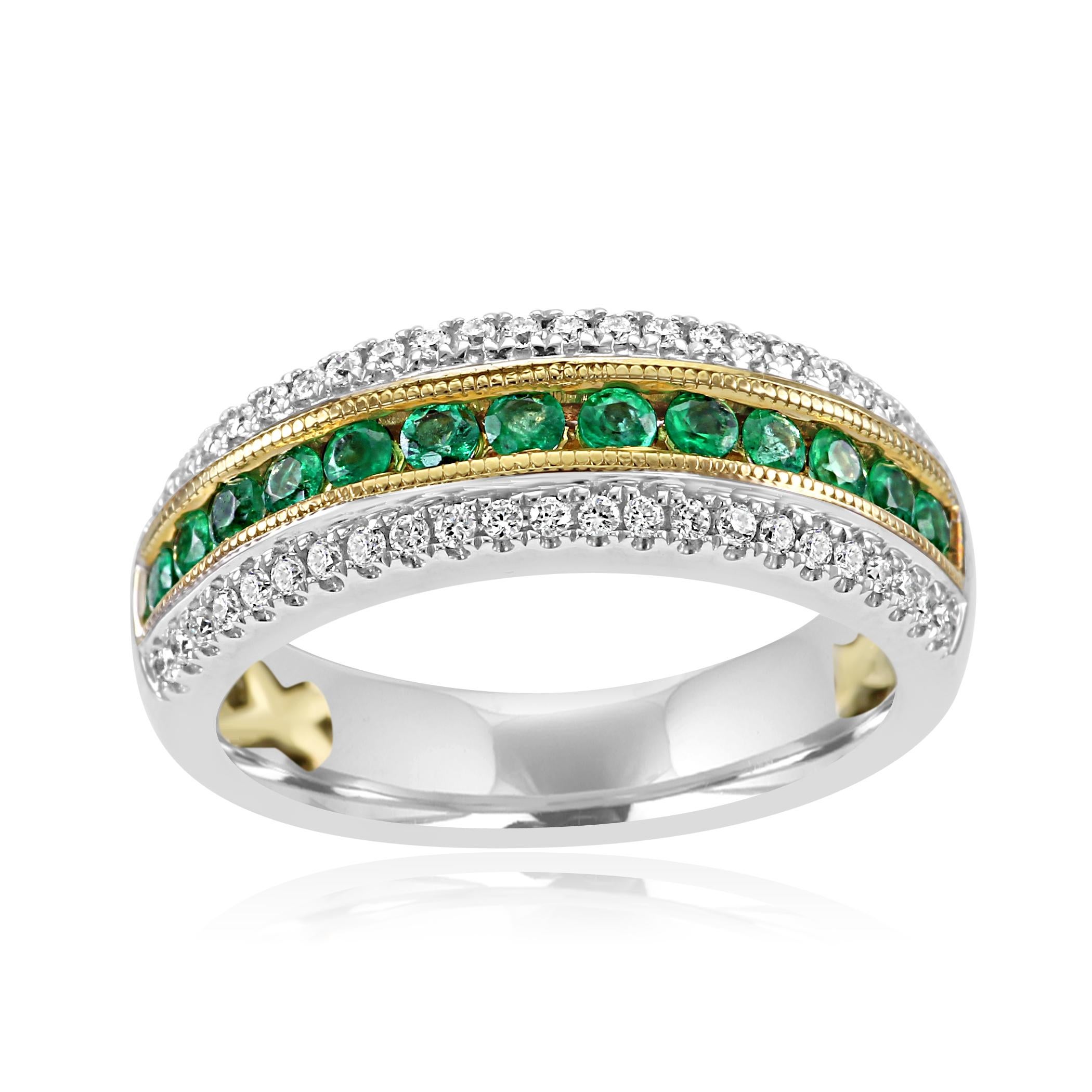 13 Emerald Rounds 0.36 Carat Set in Channel Flanked by Two Row of Diamonds 0.25 Carat in 14K White and Yellow Gold Beautiful Cocktail Fashion Band Ring .

Total Stone Weight  0.61 Carat

Style available in different price ranges and with different
