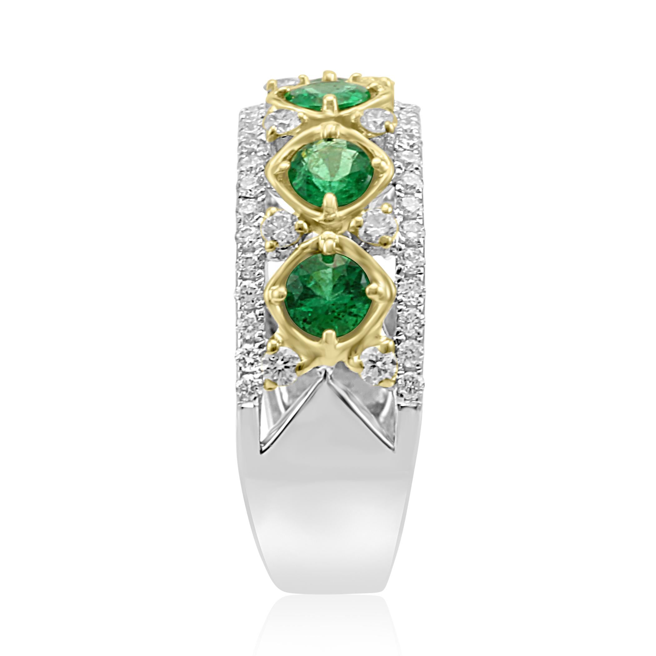 Contemporary Emerald Round Diamond Three-Row Two-Color Gold Cocktail Band Ring