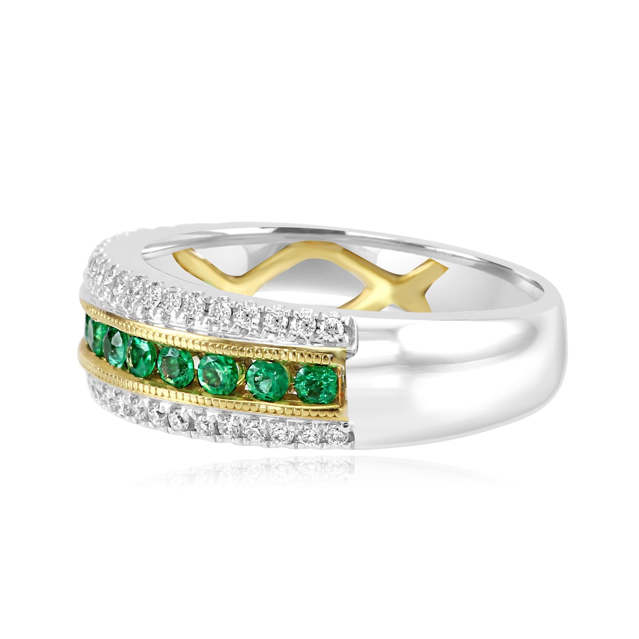 Modern Emerald Round Diamond Three-Row Two-Color Gold Fashion Cocktail Band Ring