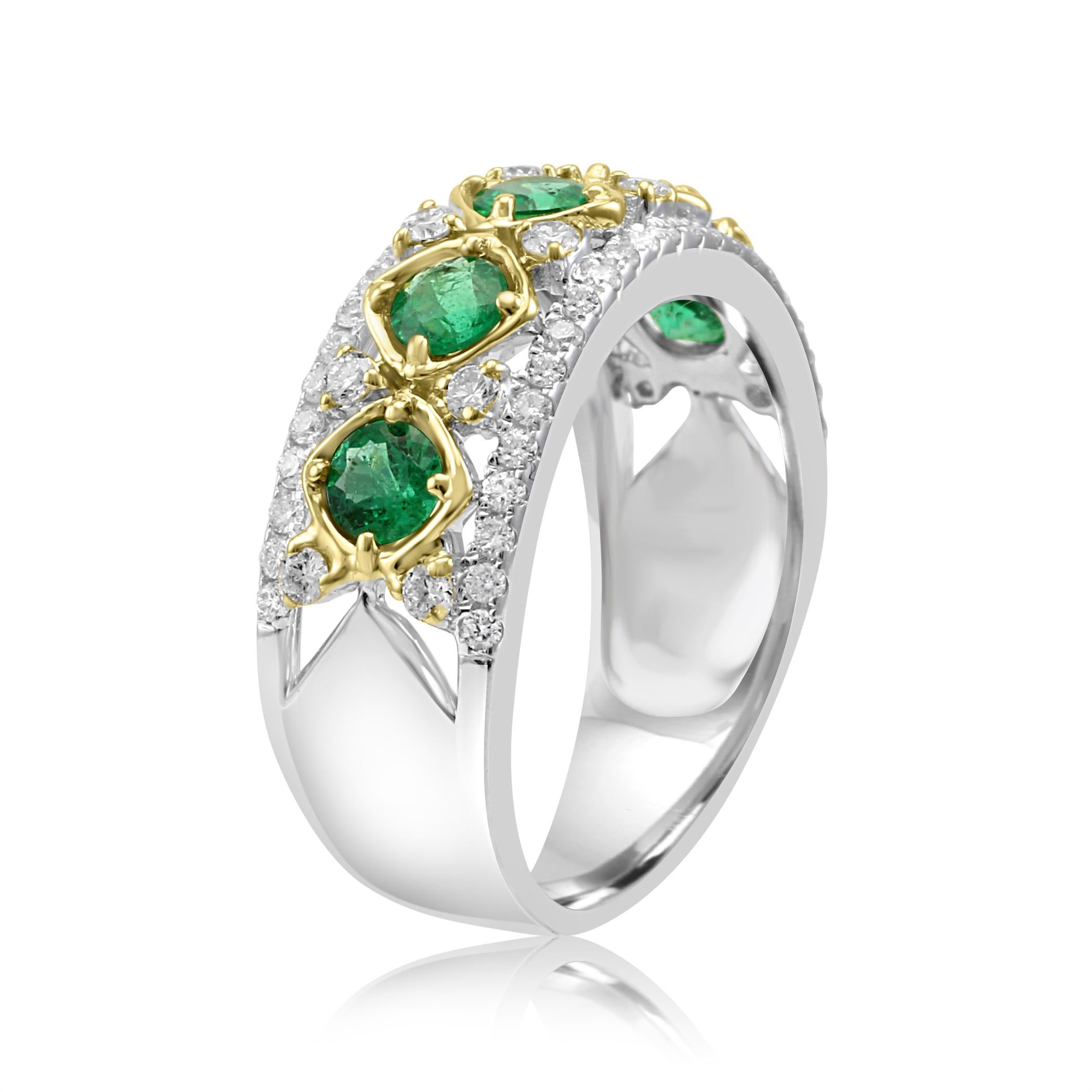 Round Cut Emerald Round Diamond Three-Row Two-Color Gold Cocktail Band Ring