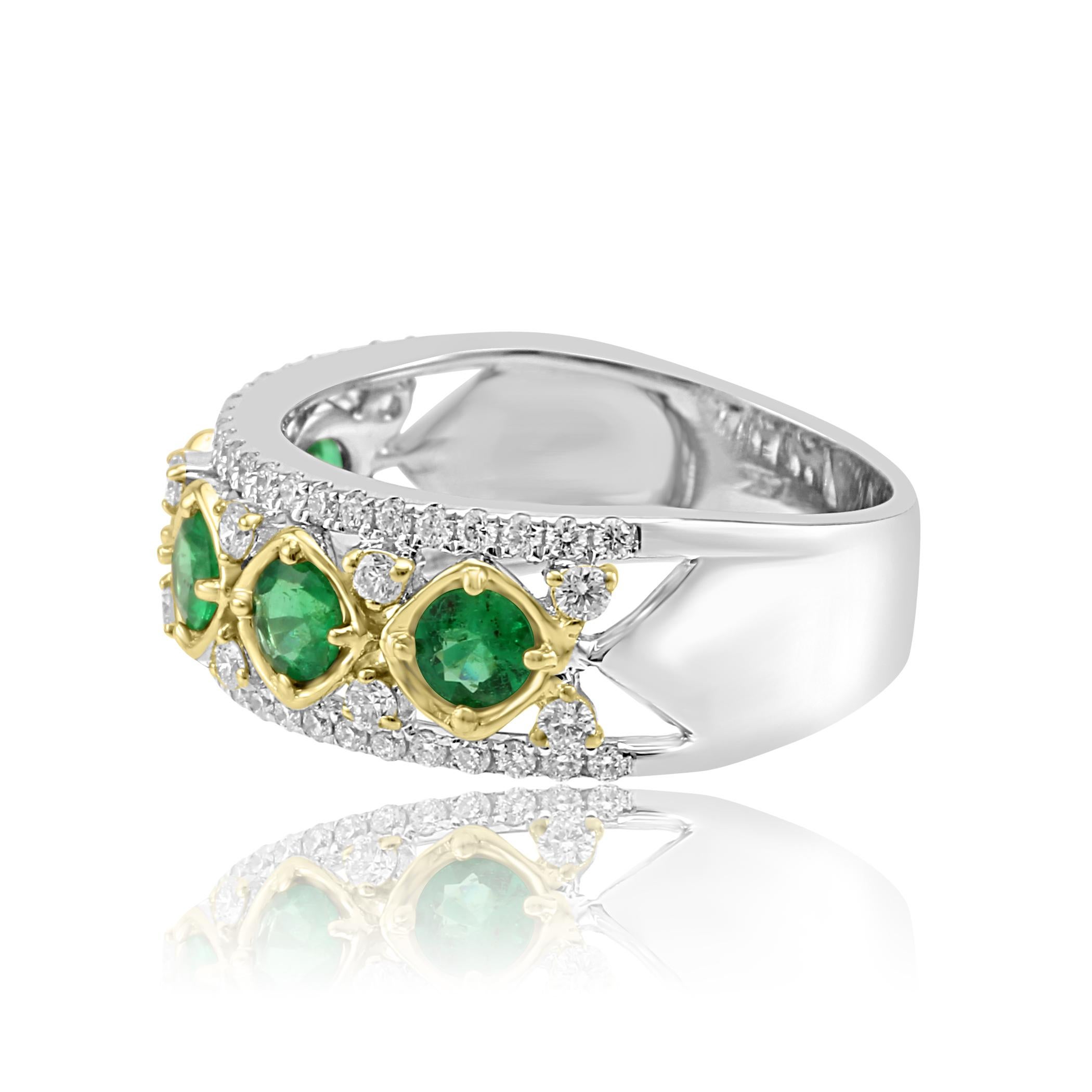 Emerald Round Diamond Three-Row Two-Color Gold Cocktail Band Ring In New Condition In NEW YORK, NY