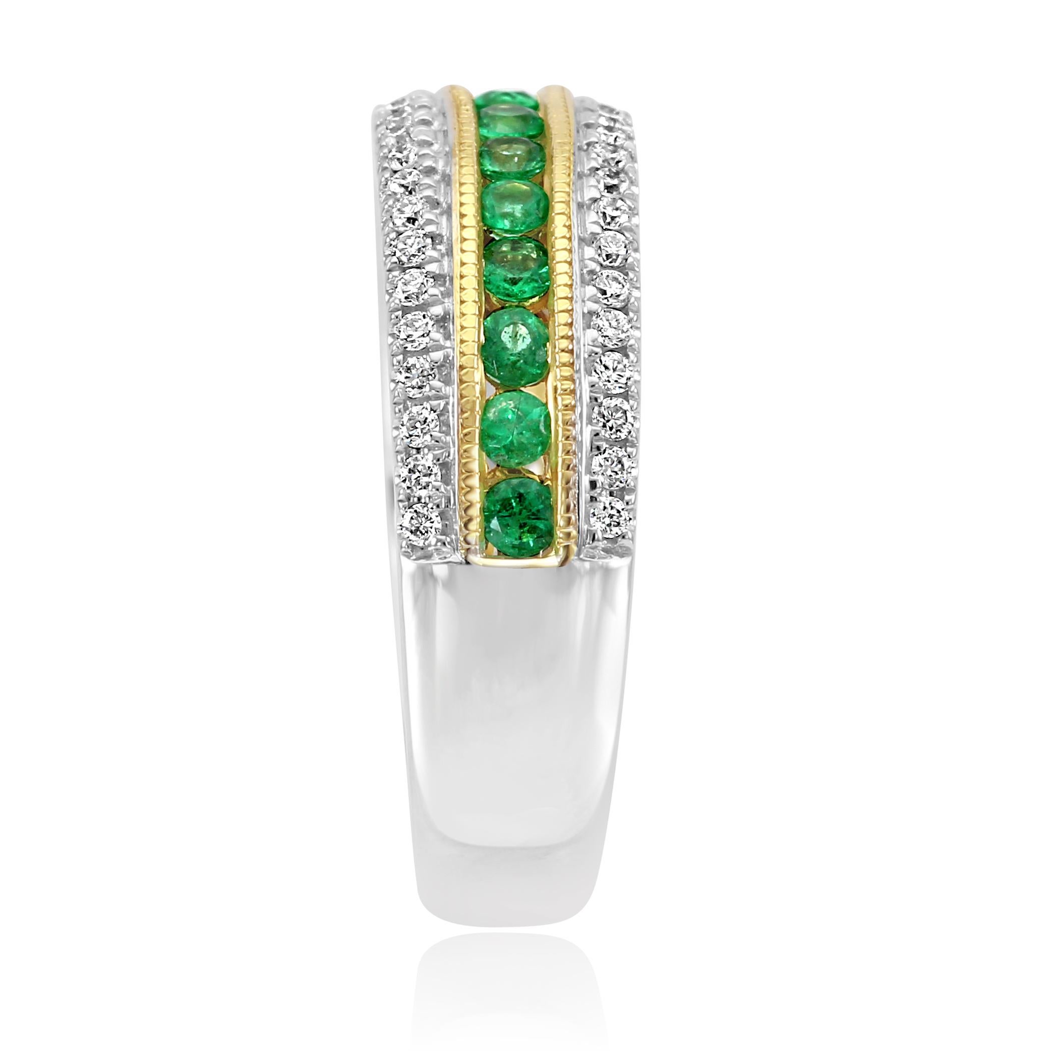 Emerald Round Diamond Three-Row Two-Color Gold Fashion Cocktail Band Ring In New Condition In NEW YORK, NY