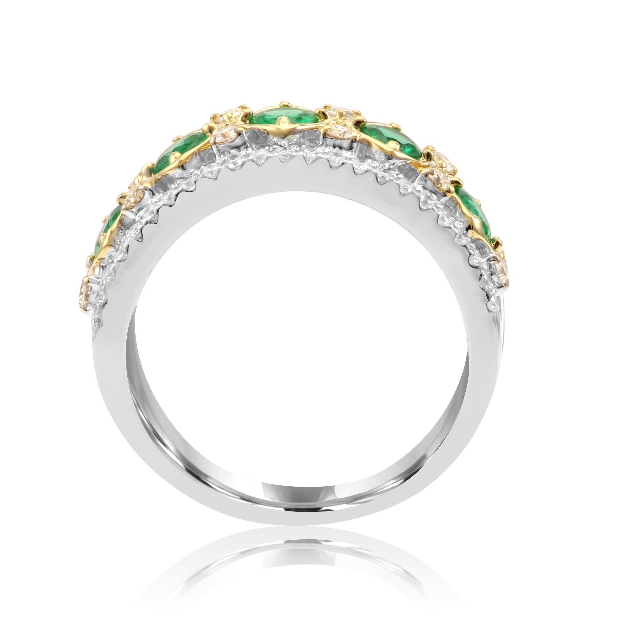 Women's or Men's Emerald Round Diamond Three-Row Two-Color Gold Cocktail Band Ring