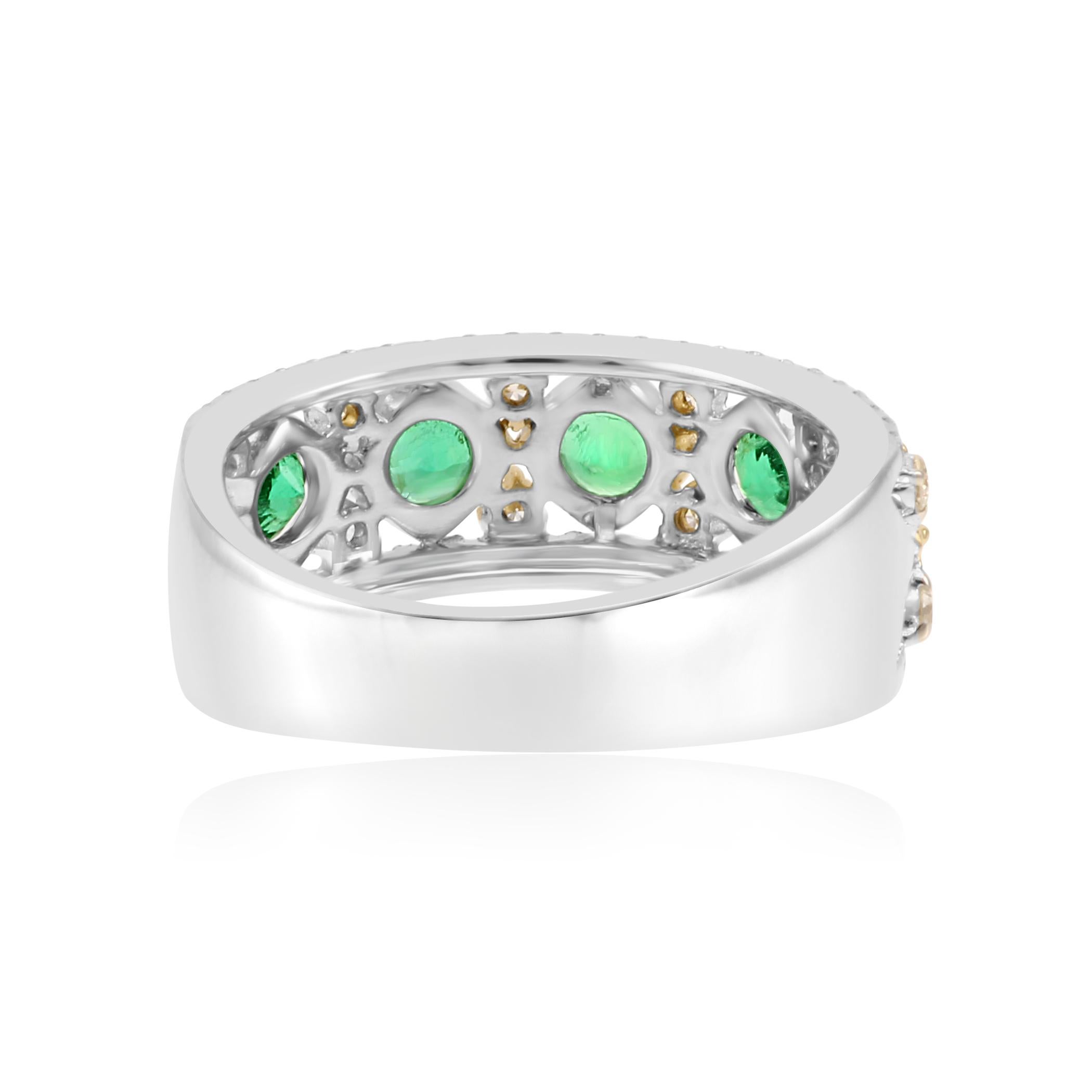 Emerald Round Diamond Three-Row Two-Color Gold Cocktail Band Ring 1