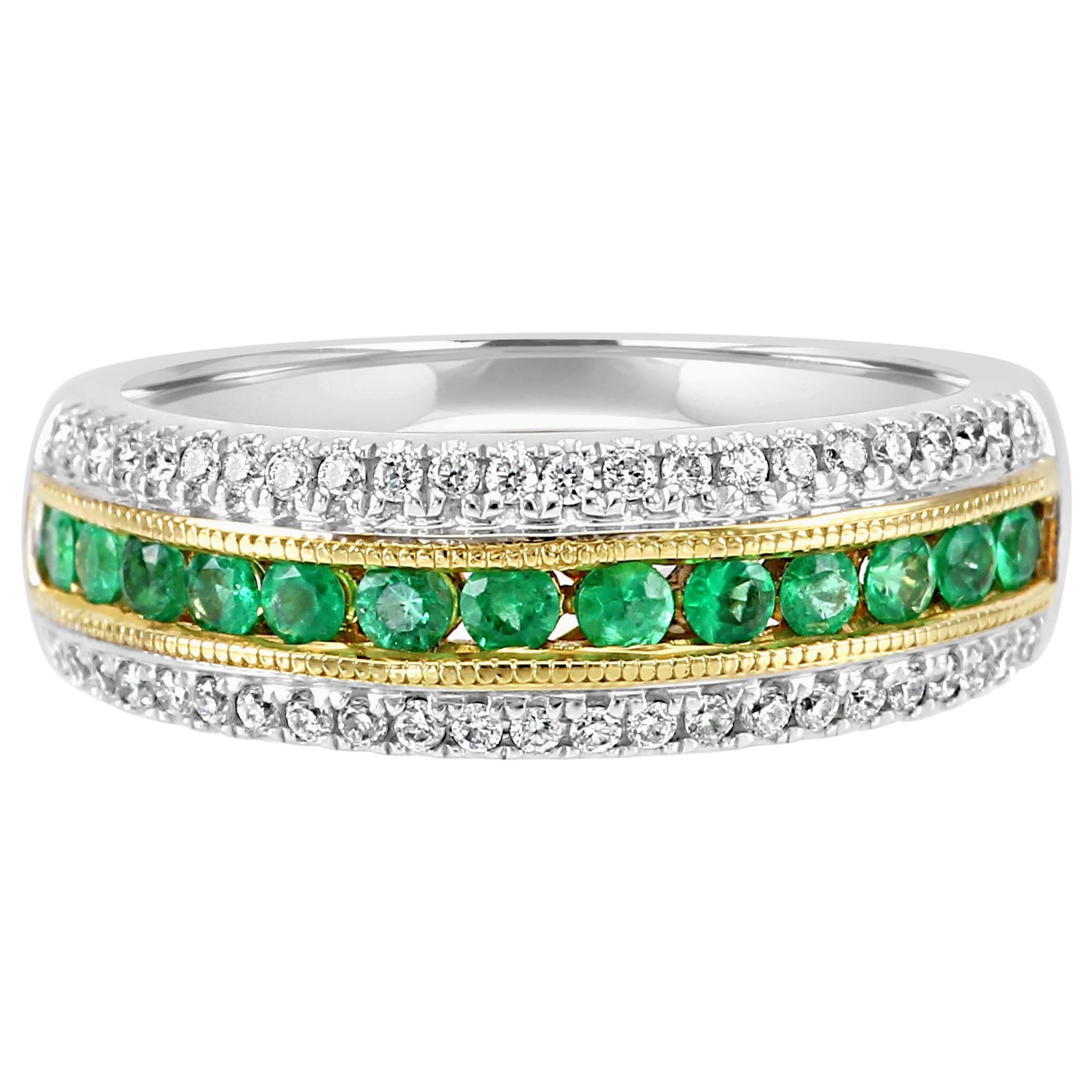 Emerald Round Diamond Three-Row Two-Color Gold Fashion Cocktail Band Ring