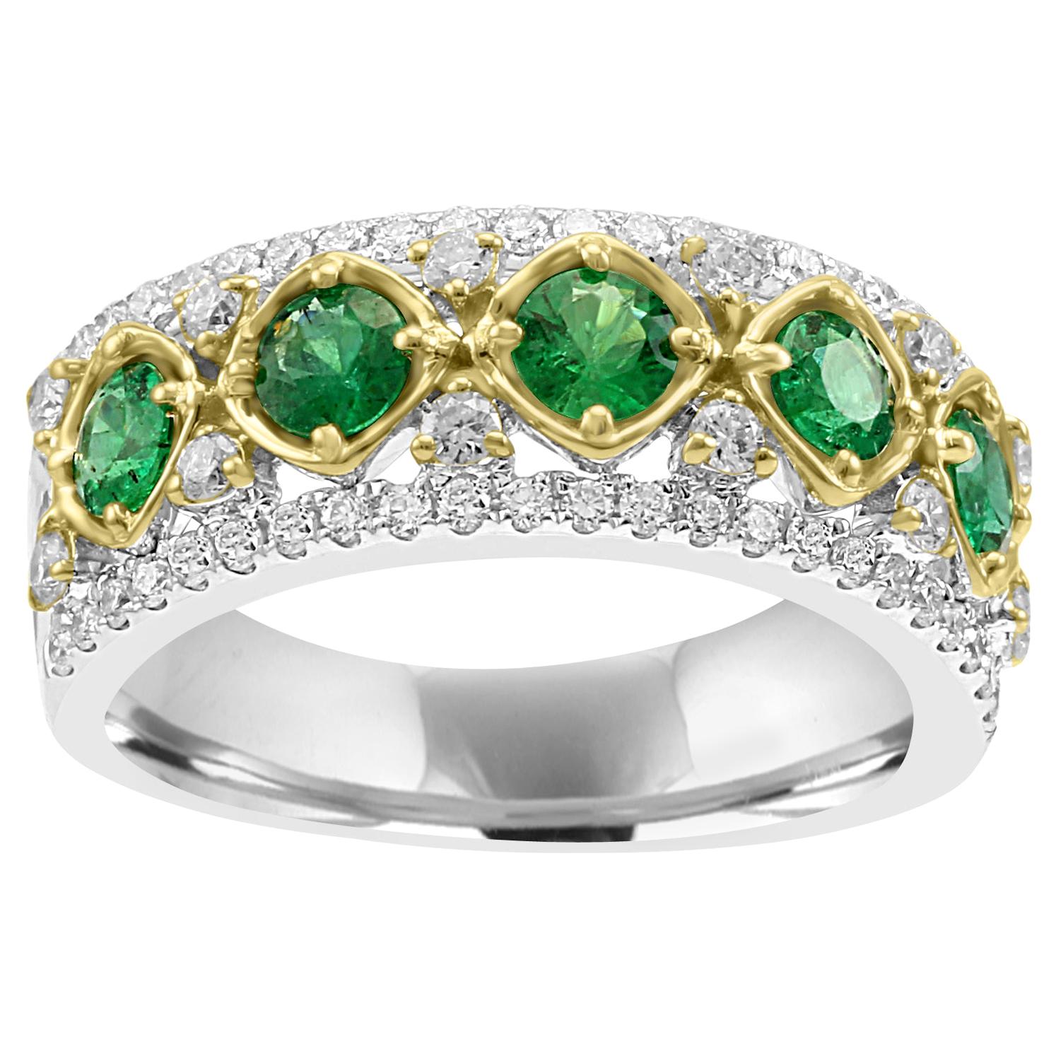Emerald Round Diamond Three-Row Two-Color Gold Cocktail Band Ring