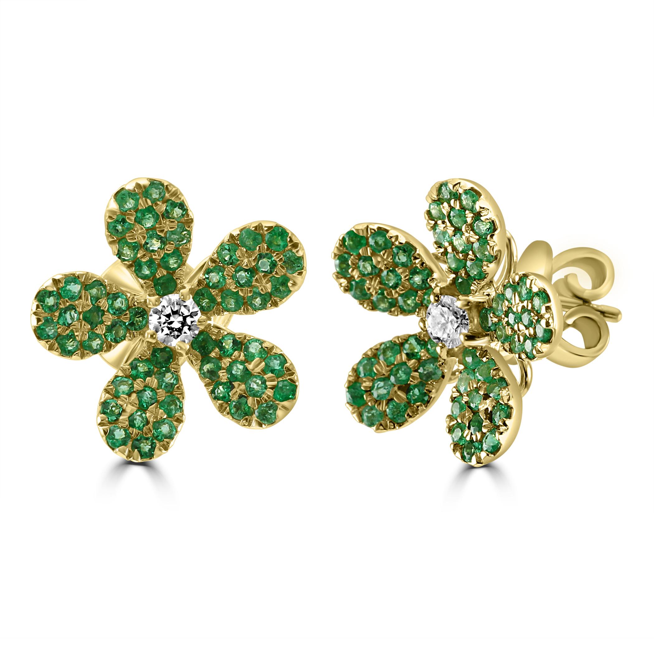 Osiyan is excited to introduce one of our Flower-shaped earrings, a true floral masterpiece that blooms with the vibrancy of 110 captivating Emerald stones totaling to 0.83 carats. Nestled at the heart of this floral arrangement is a single,