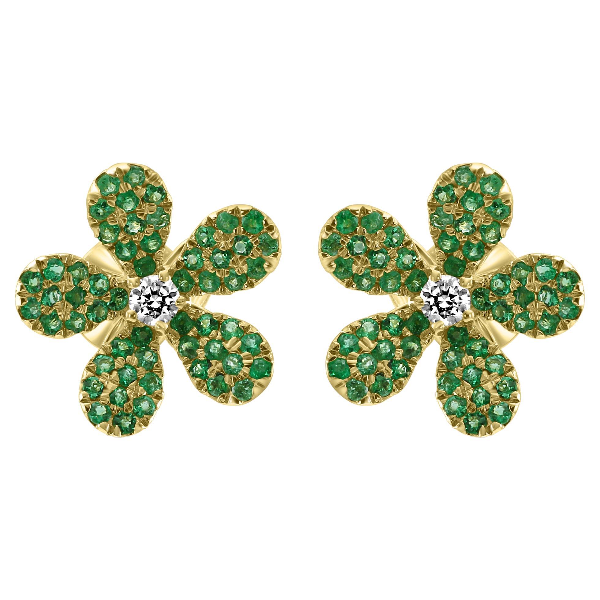 Smaragd Runder Weißer Diamant 14K Gelbgold Blumenform Cocktail Mode Ring mit Smaragd  im Angebot