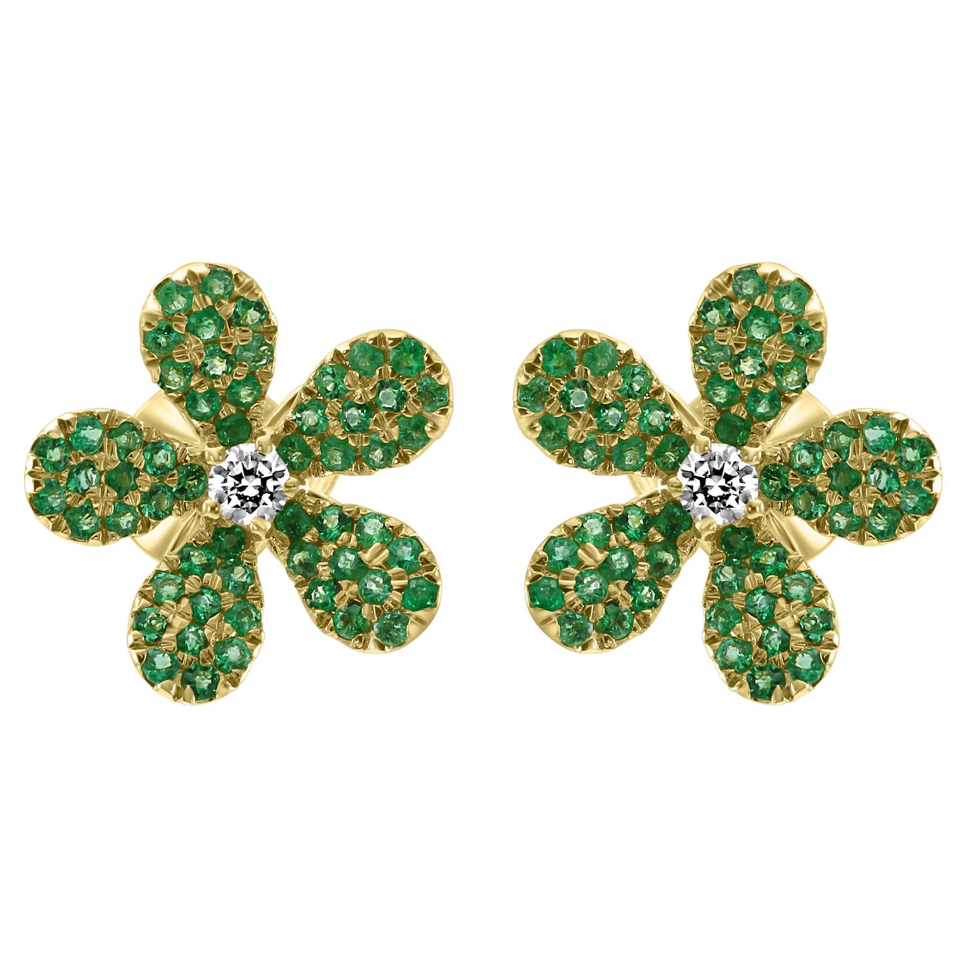 Emerald Round White Diamond 14 Karat Gold Flower Shape Cocktail Fashion Earring