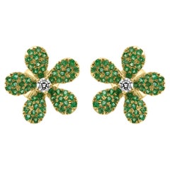 Smaragd Runder Weißer Diamant 14K Gelbgold Blumenform Cocktail Mode Ring mit Smaragd 