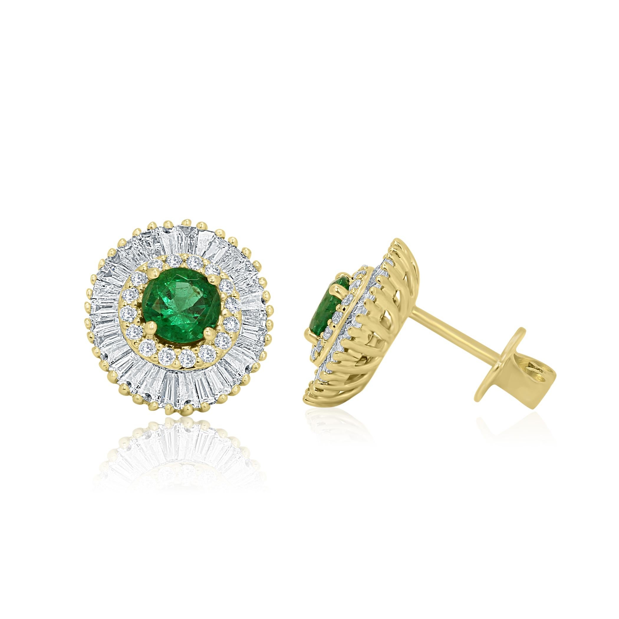 Art Deco Emerald Round White Diamond Double Halo Gold Ballerina Style Dangle Stud Earring