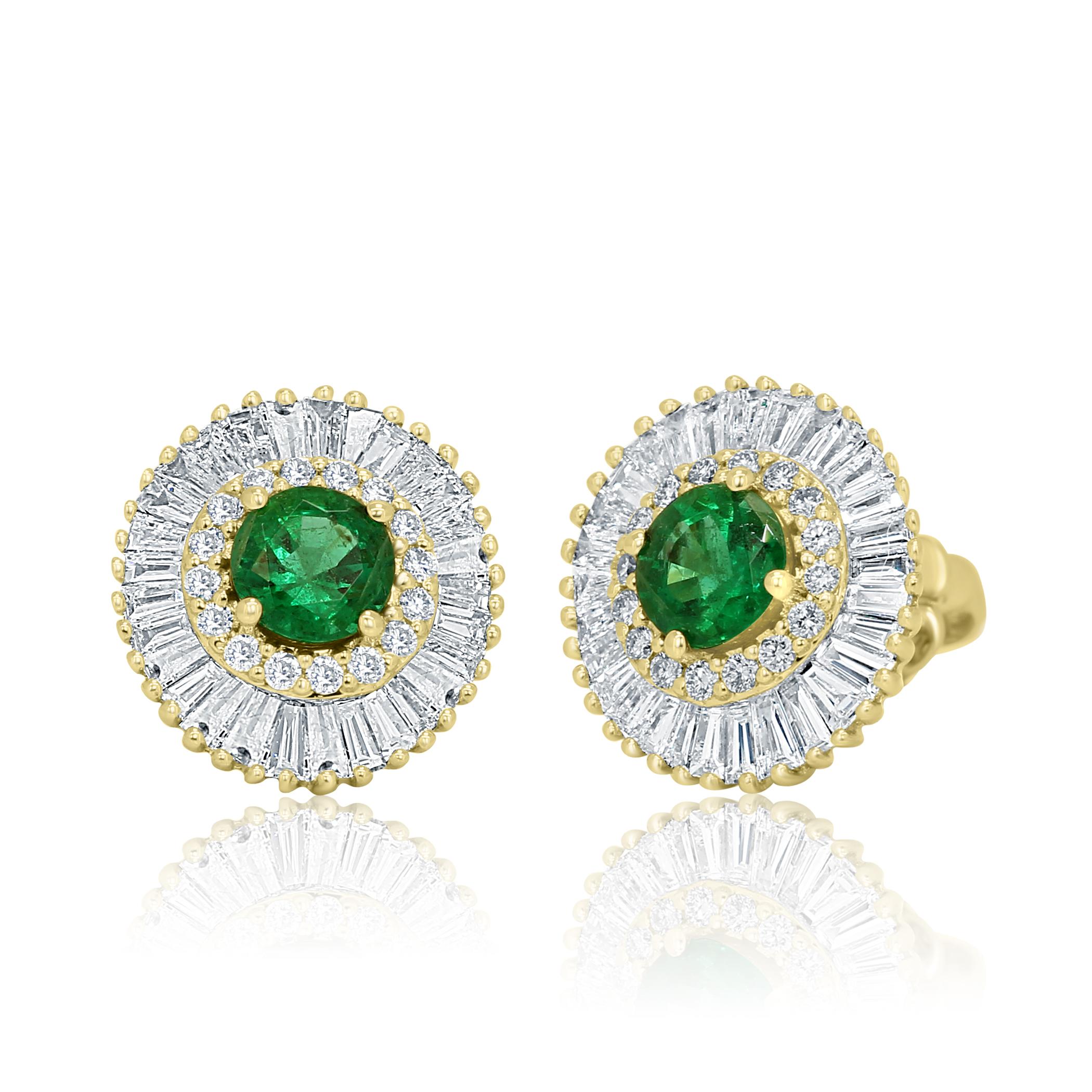 Round Cut Emerald Round White Diamond Double Halo Gold Ballerina Style Dangle Stud Earring