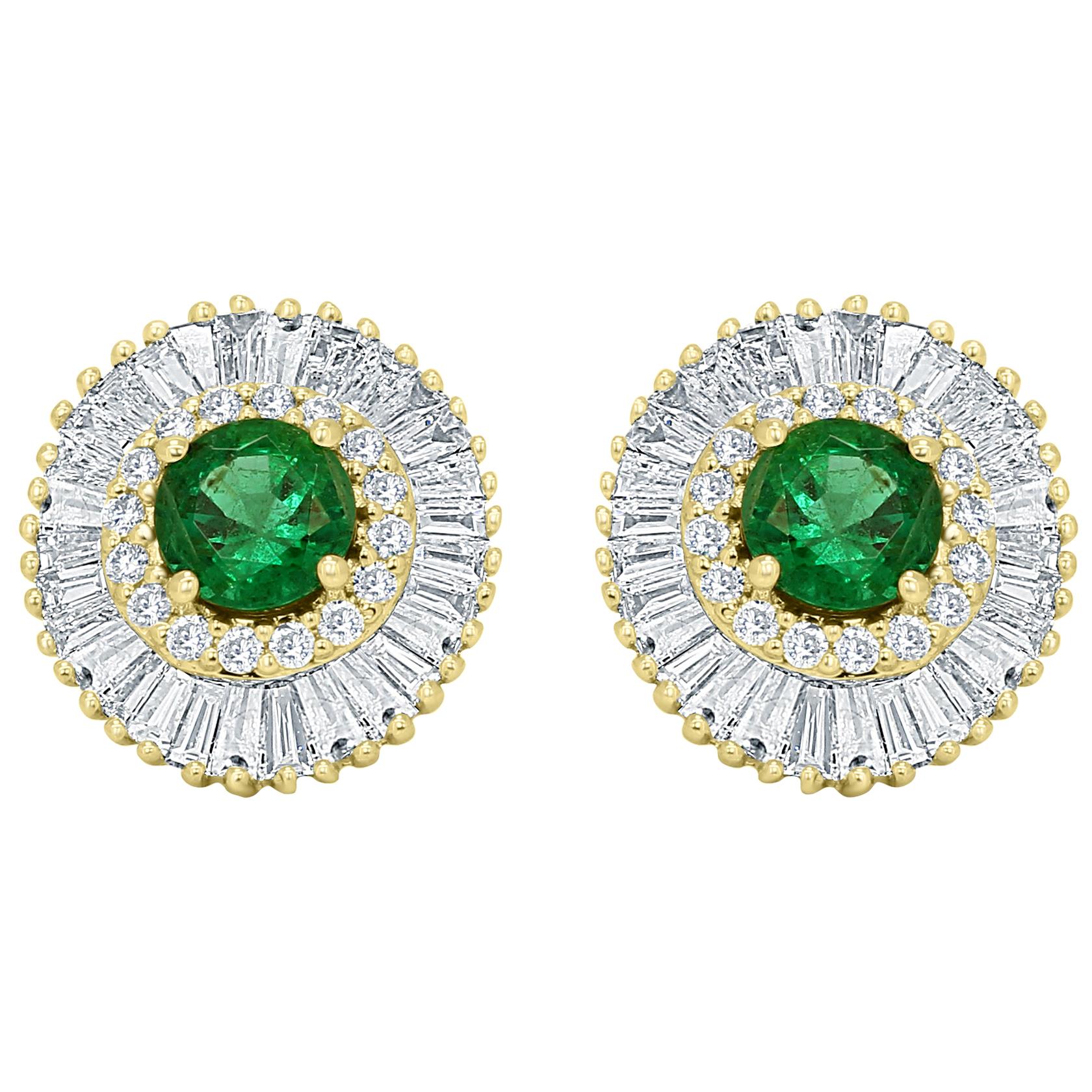 Emerald Round White Diamond Double Halo Gold Ballerina Style Dangle Stud Earring