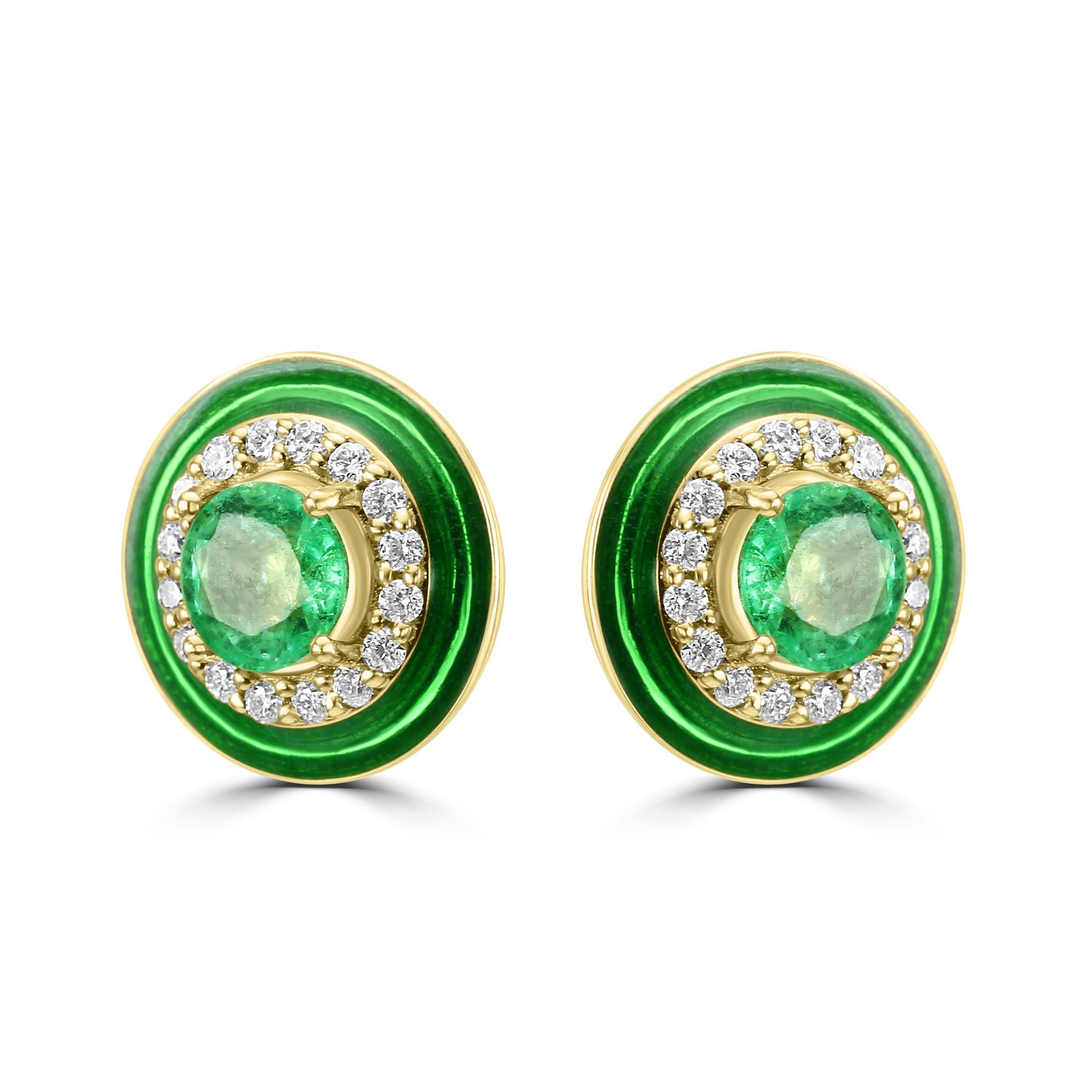 Der runde Smaragd in der Mitte dieser Ohrringe hat ein Gewicht von insgesamt 0,32 Karat. Der satte grüne Farbton des Smaragds verleiht dem Design einen Hauch von Luxus und Zeitlosigkeit und macht es zu einem herausragenden Stück in Ihrer