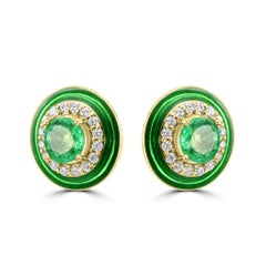Emerald Round White Diamond Green Enamel Halo 18 Karat Gold Fashion Earring