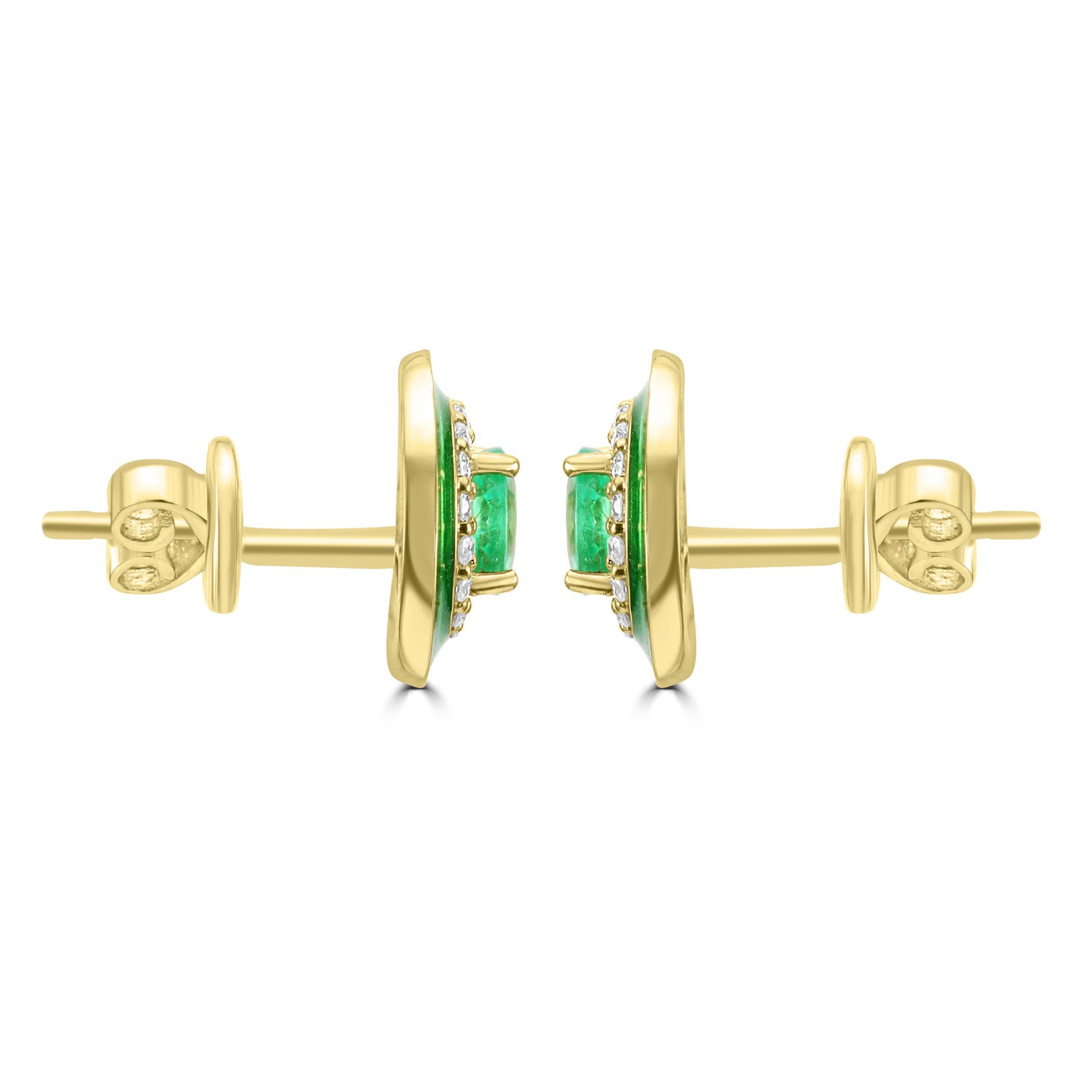 Modern Emerald Round White Diamond Green Enamel Halo 18K Yellow Gold Fashion Earring For Sale