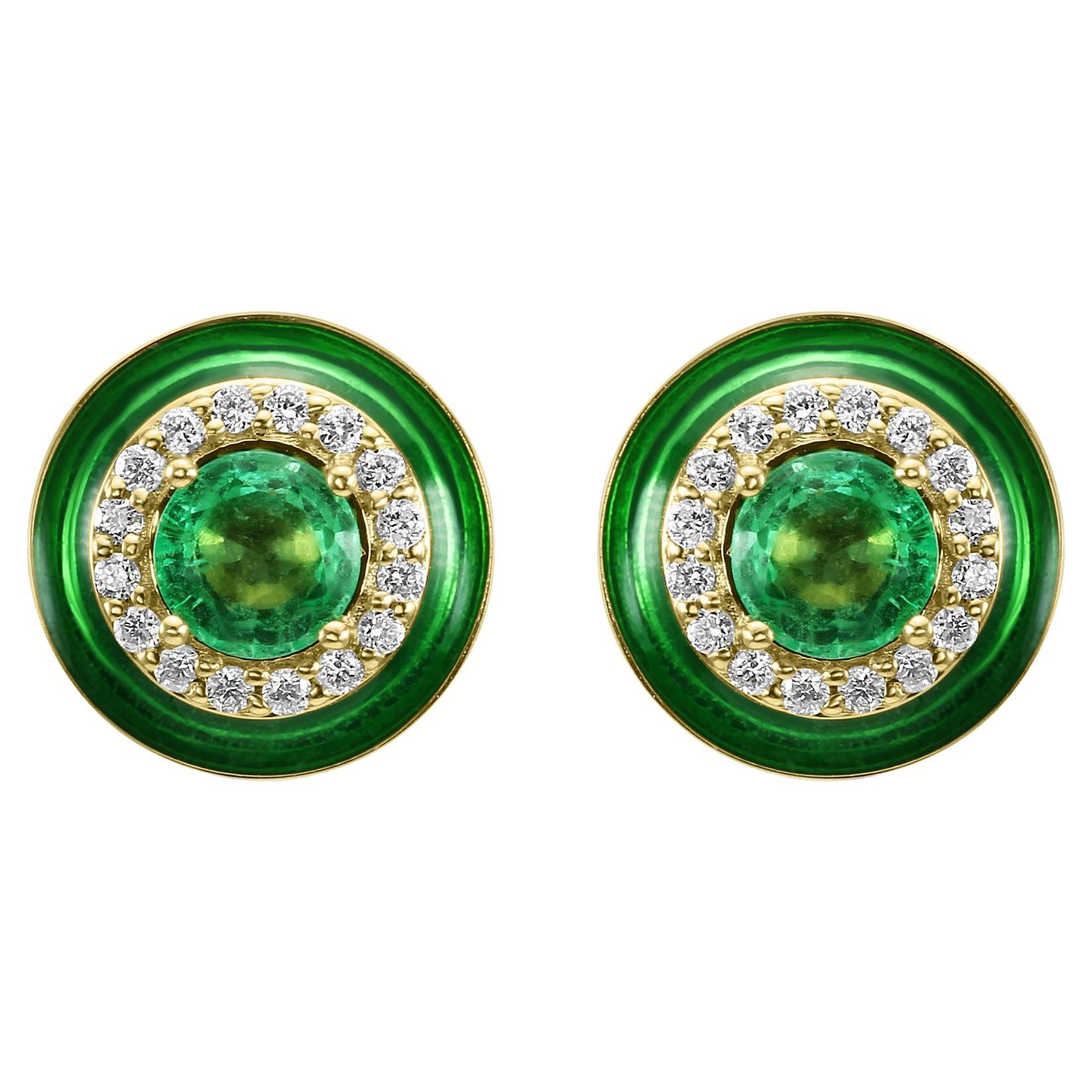 Emerald Round White Diamond Green Enamel Halo 18K Yellow Gold Fashion Earring For Sale