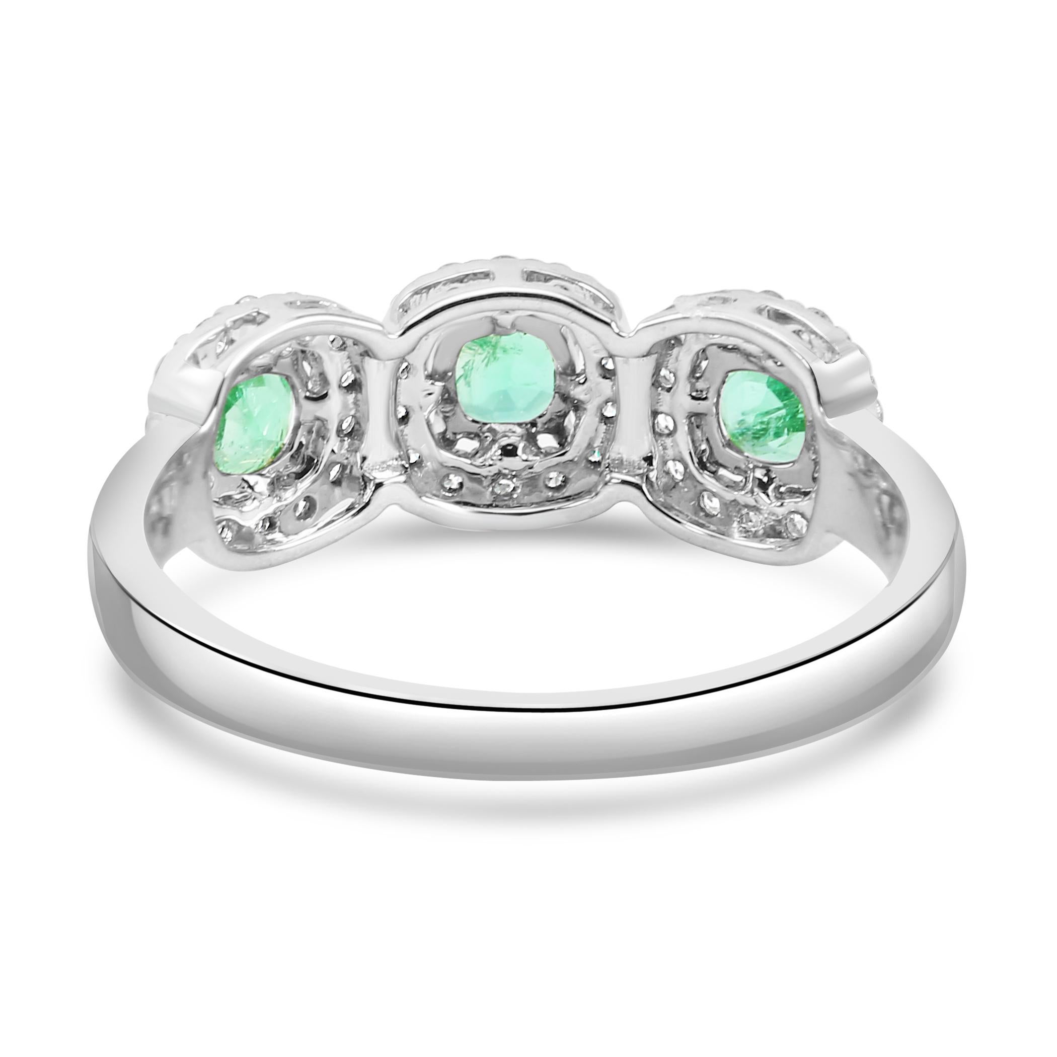 Emerald Round White Diamond Round 18K White Gold 3-Stone Engagement Fashion Ring For Sale 1