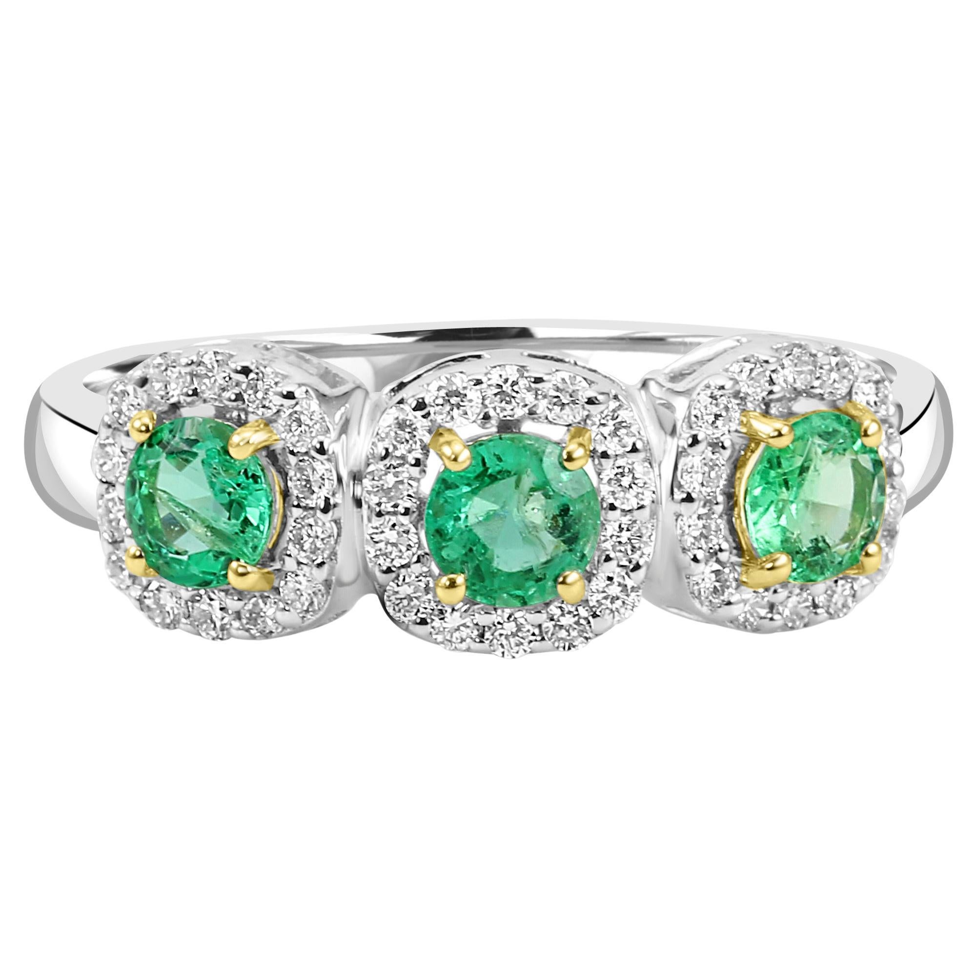 Emerald Round White Diamond Round 18K White Gold 3-Stone Engagement Fashion Ring For Sale