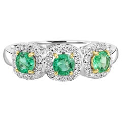 Emerald Round White Diamond Round 18K White Gold 3-Stone Engagement Fashion Ring