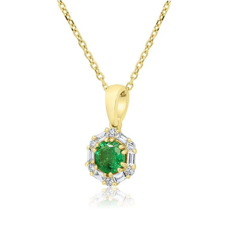 Emerald Round White Diamond Round Baguettes Halo Yellow Gold Pendant ...