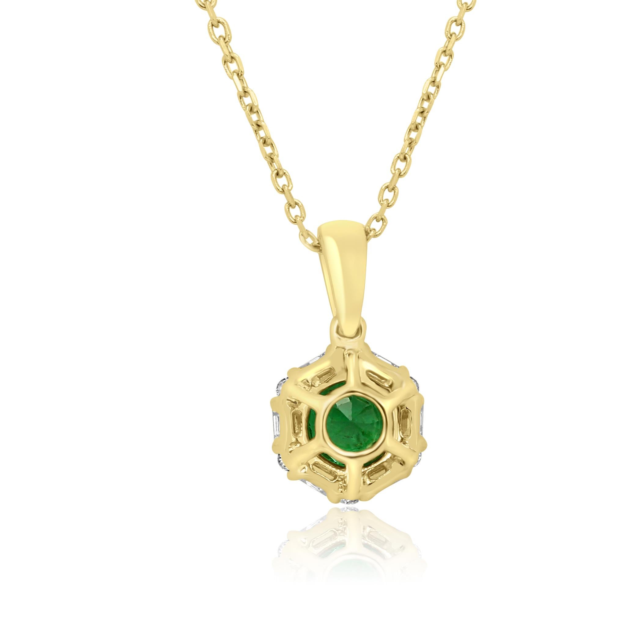 Round Cut Emerald Round White Diamond Round Baguettes Halo Yellow Gold Pendant Necklace