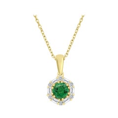 Emerald Round White Diamond Round Baguettes Halo Yellow Gold Pendant Necklace