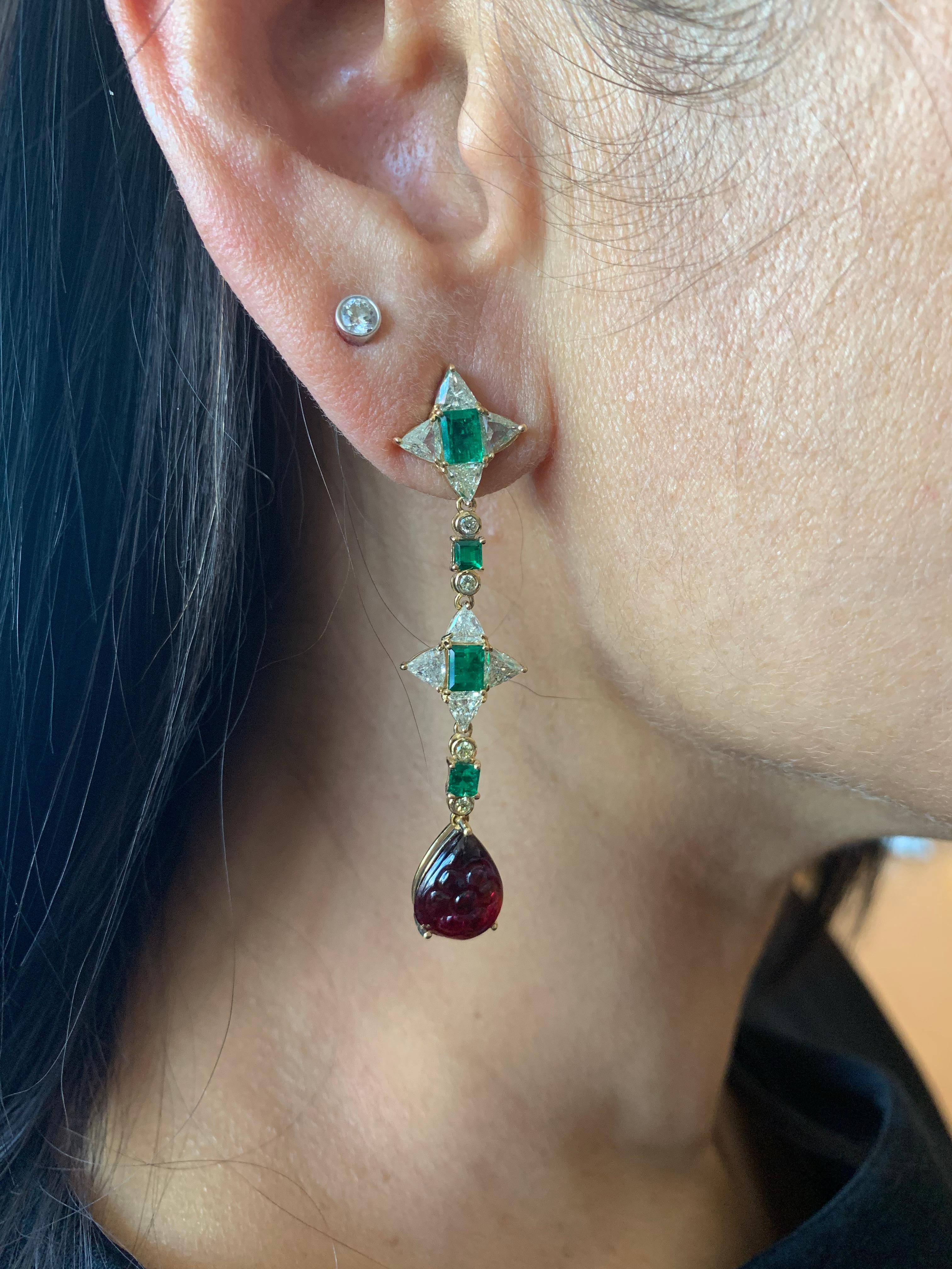 Art Deco Emerald & Rubelite Dangle Earrings with Yellow Diamond in 18 Karat Yellow Gold For Sale