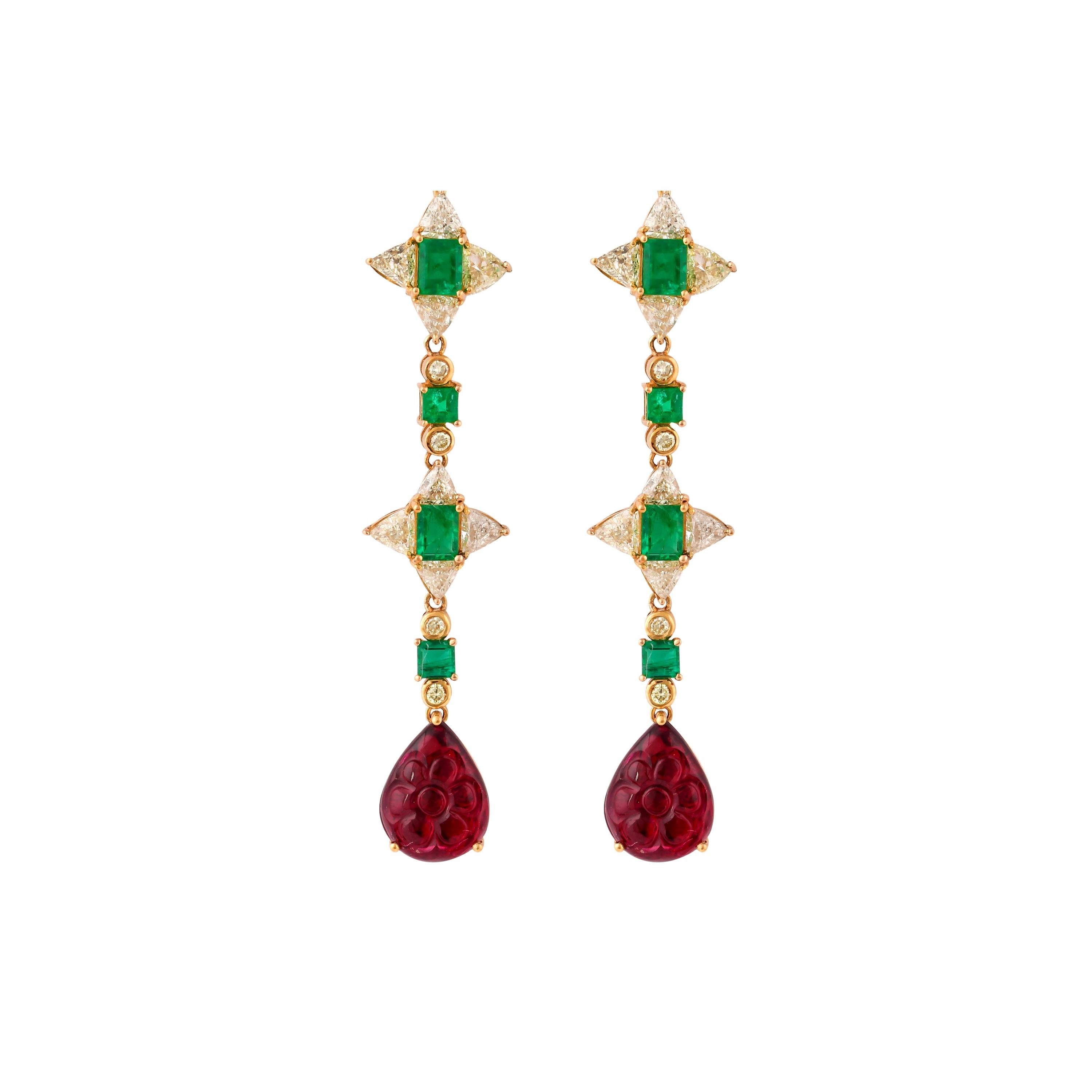 Mixed Cut Emerald & Rubelite Dangle Earrings with Yellow Diamond in 18 Karat Yellow Gold For Sale