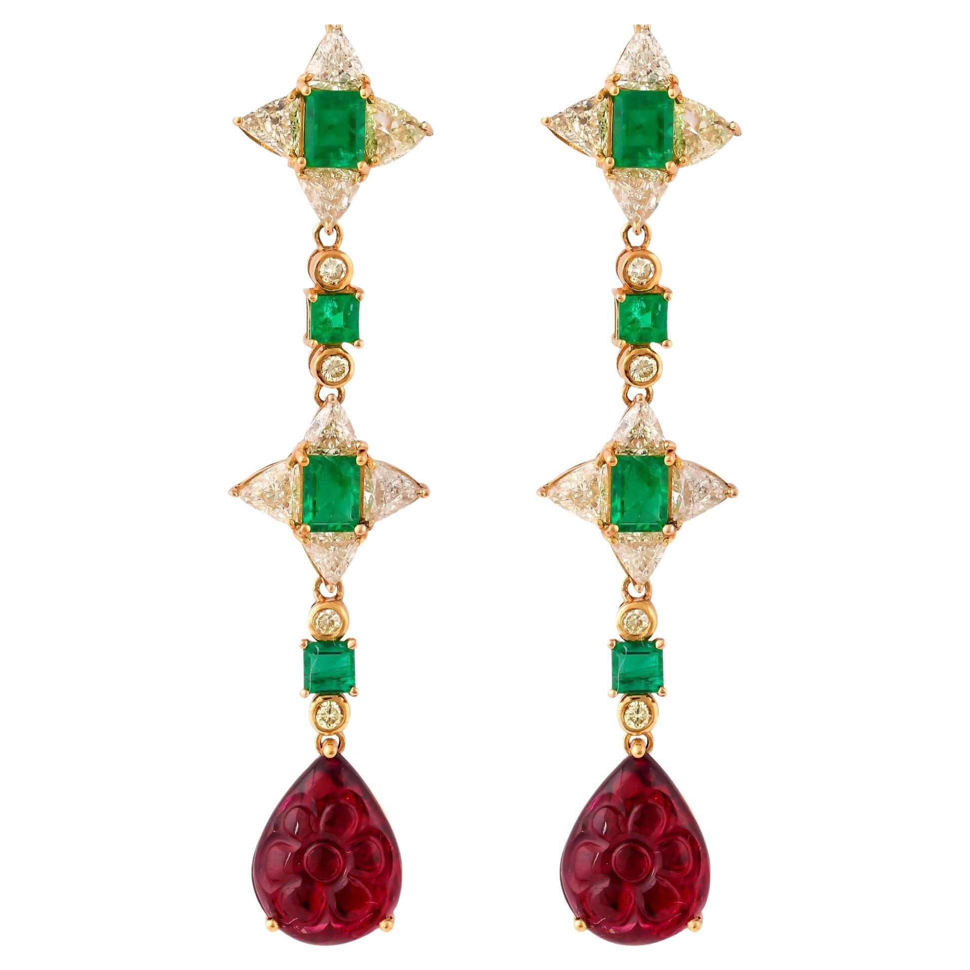Emerald & Rubelite Dangle Earrings with Yellow Diamond in 18 Karat Yellow Gold