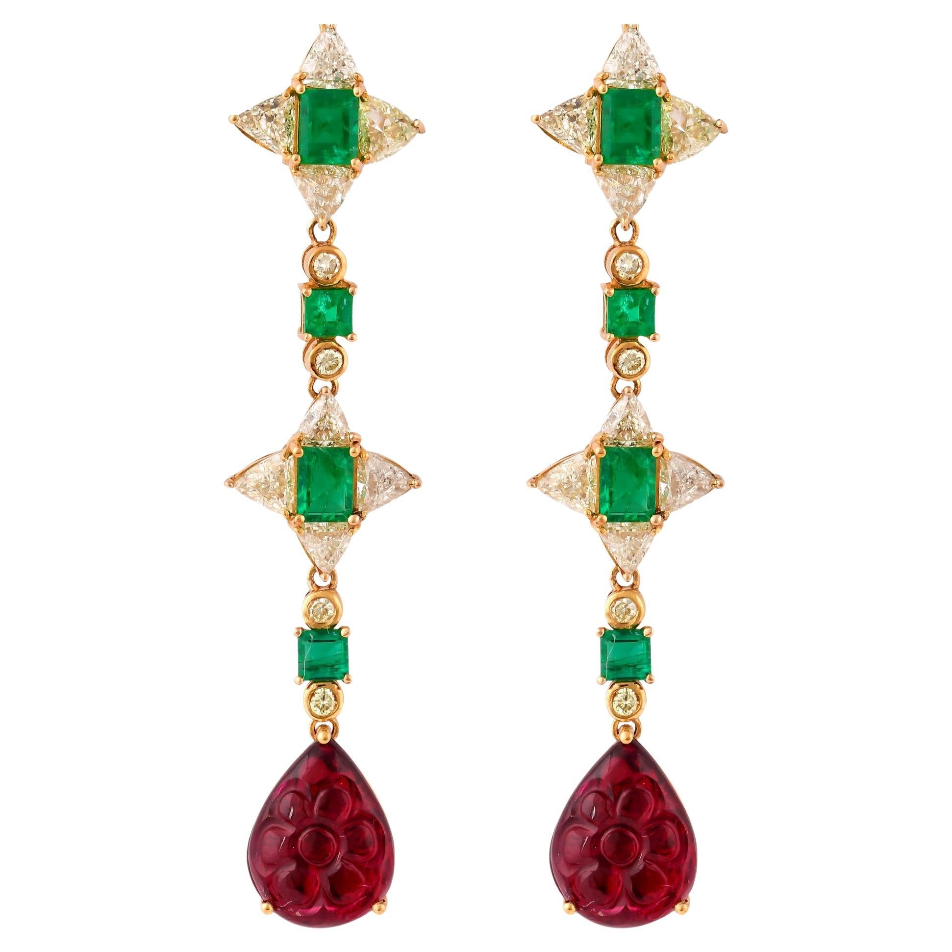 Sunita Nahata Emerald & Rubellite 7.20ct. Dangle Earrings in 18KYG with Diamond