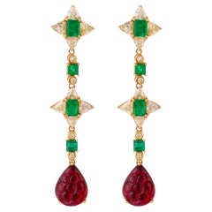 Emerald & Rubelite Dangle Earrings with Yellow Diamond in 18 Karat Yellow Gold