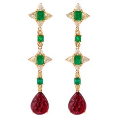 Sunita Nahata Emerald & Rubellite 7.20ct. Dangle Earrings in 18KYG with Diamond