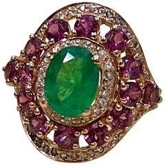 Emerald, Rubellite and Diamond Cocktail Ring in 14 Karat Rose Gold