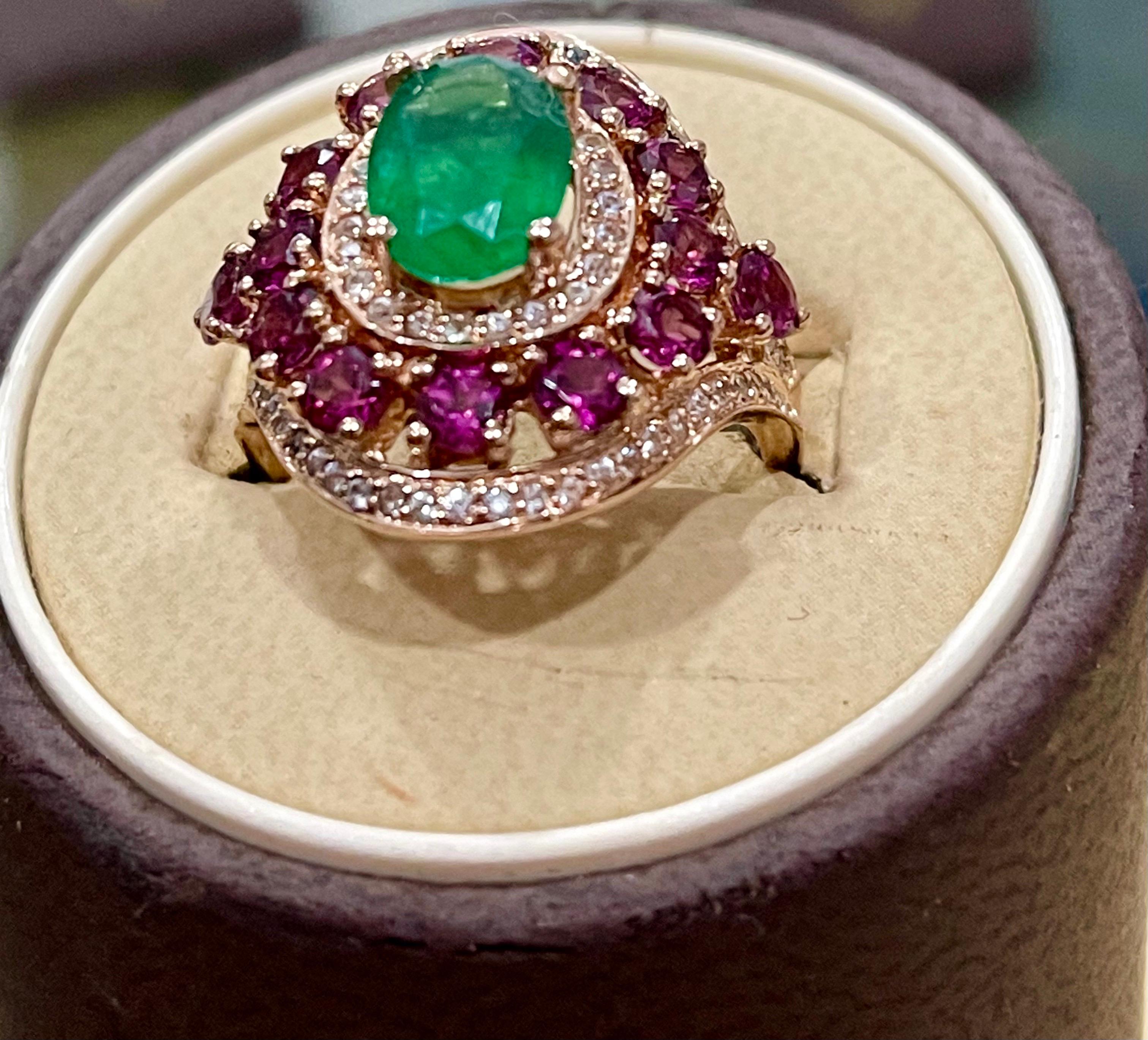 Emerald, Rubellite and Diamond Cocktail Ring in 14 Karat Rose Gold 5
