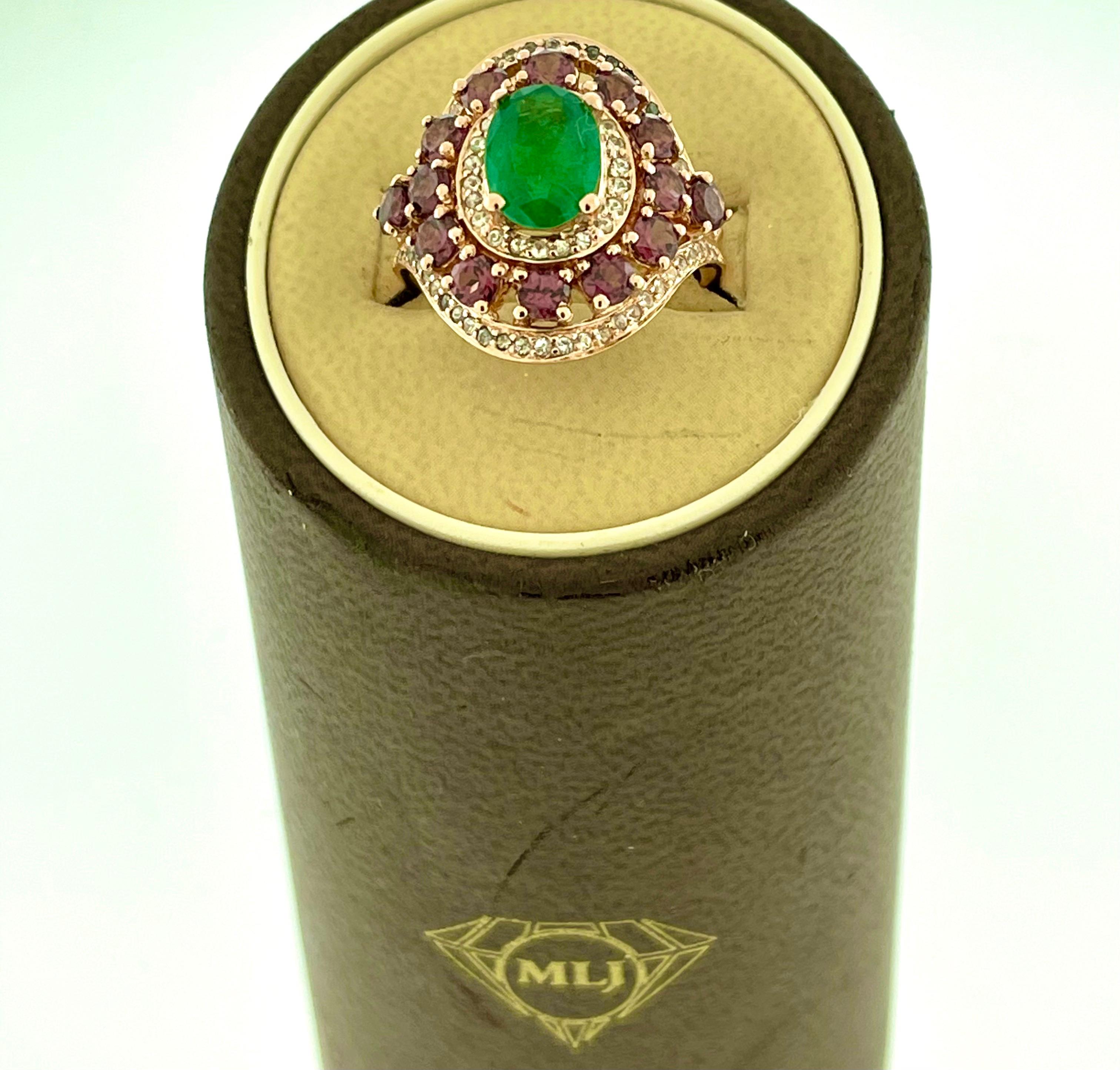 Emerald, Rubellite and Diamond Cocktail Ring in 14 Karat Rose Gold 6