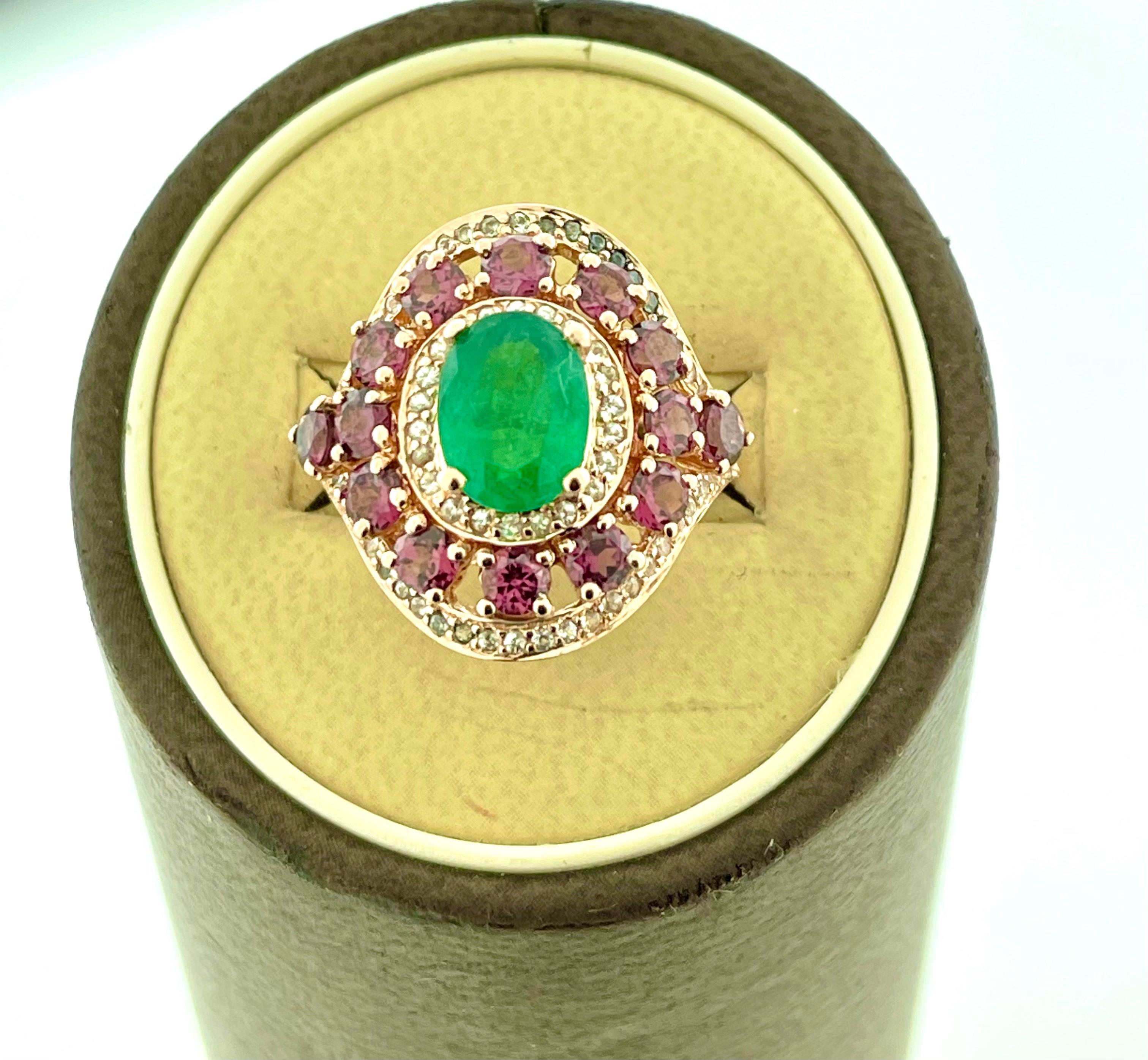 Emerald, Rubellite and Diamond Cocktail Ring in 14 Karat Rose Gold 7