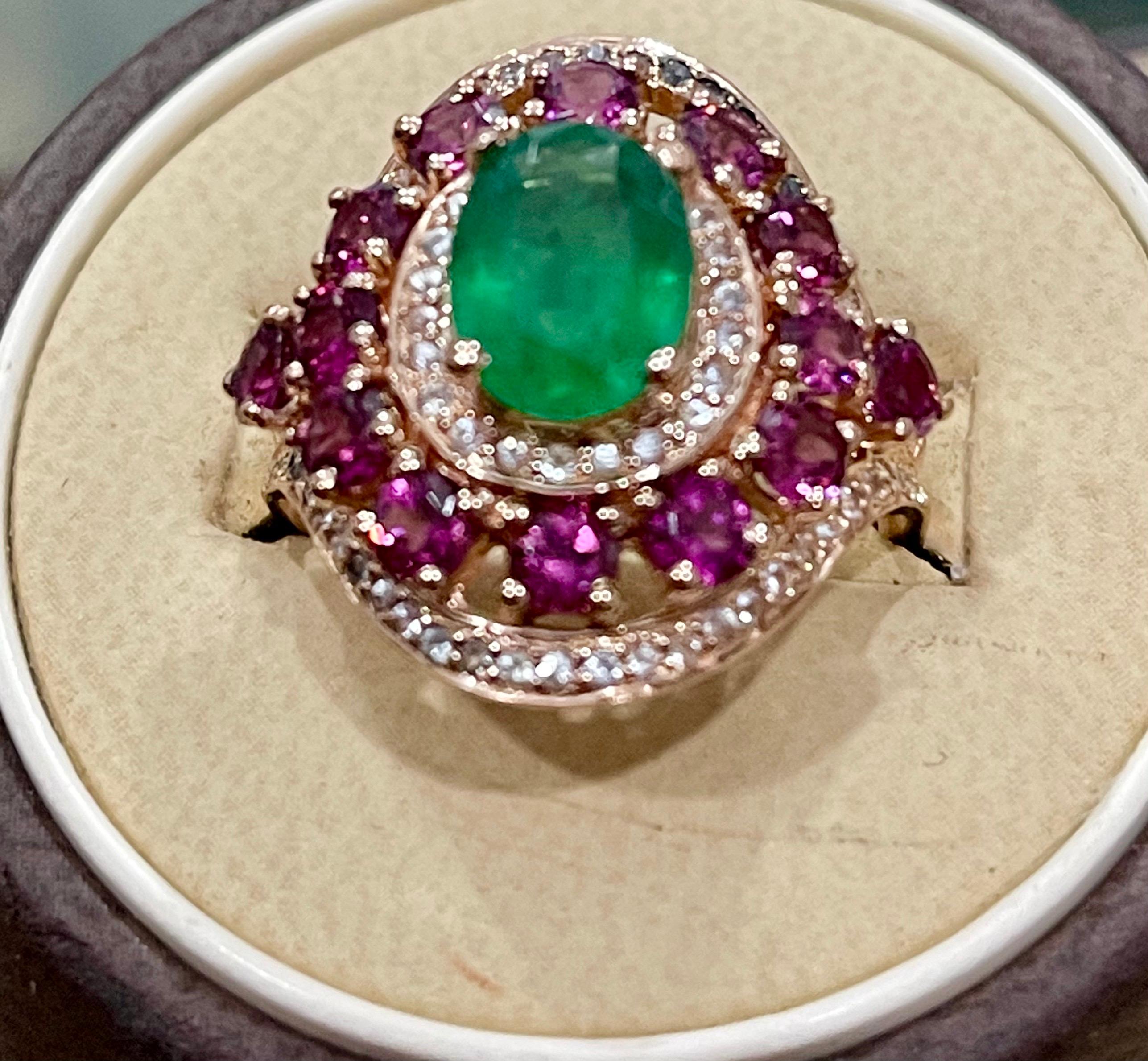 Oval Cut Emerald, Rubellite and Diamond Cocktail Ring in 14 Karat Rose Gold