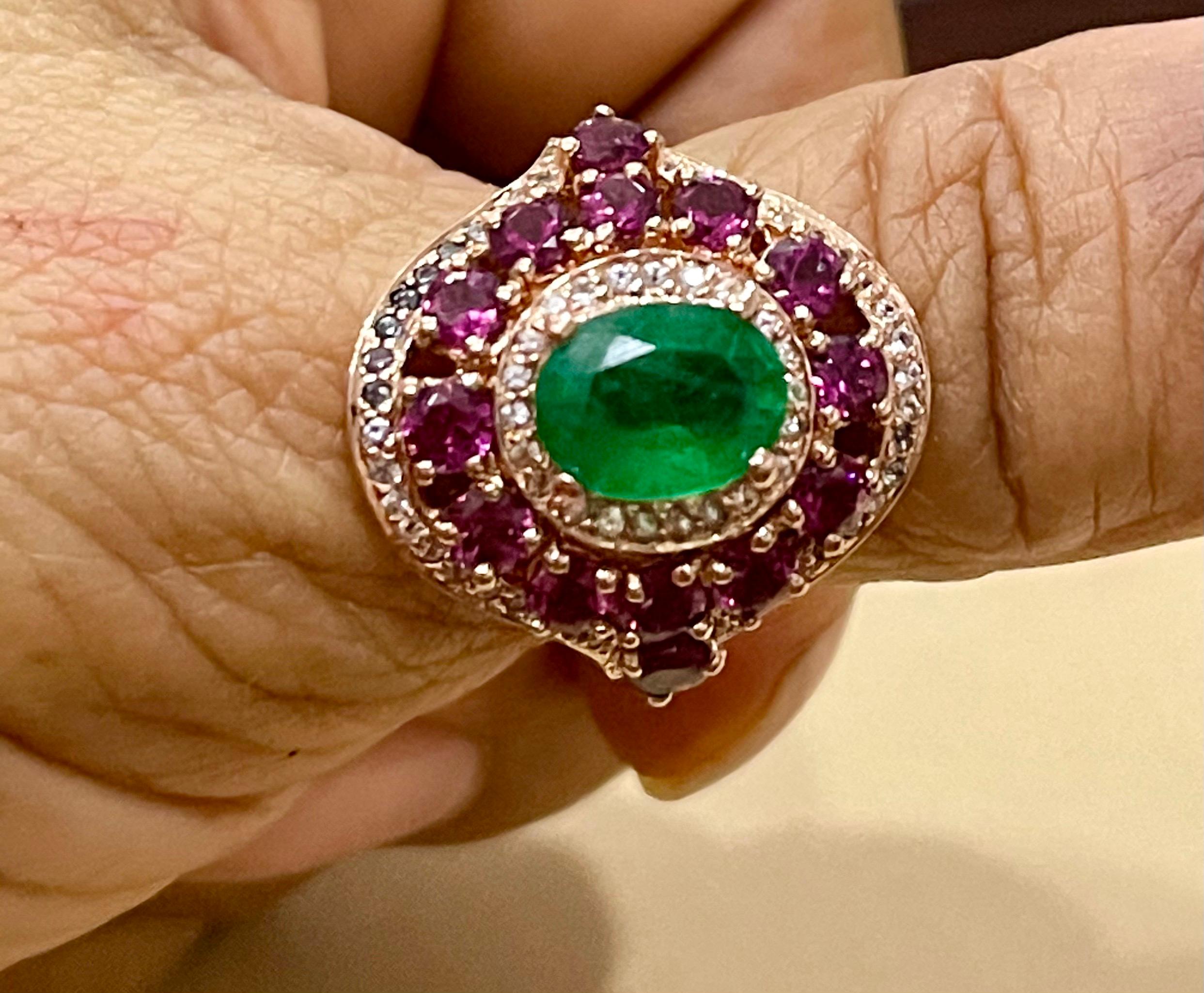 Emerald, Rubellite and Diamond Cocktail Ring in 14 Karat Rose Gold In Excellent Condition In New York, NY