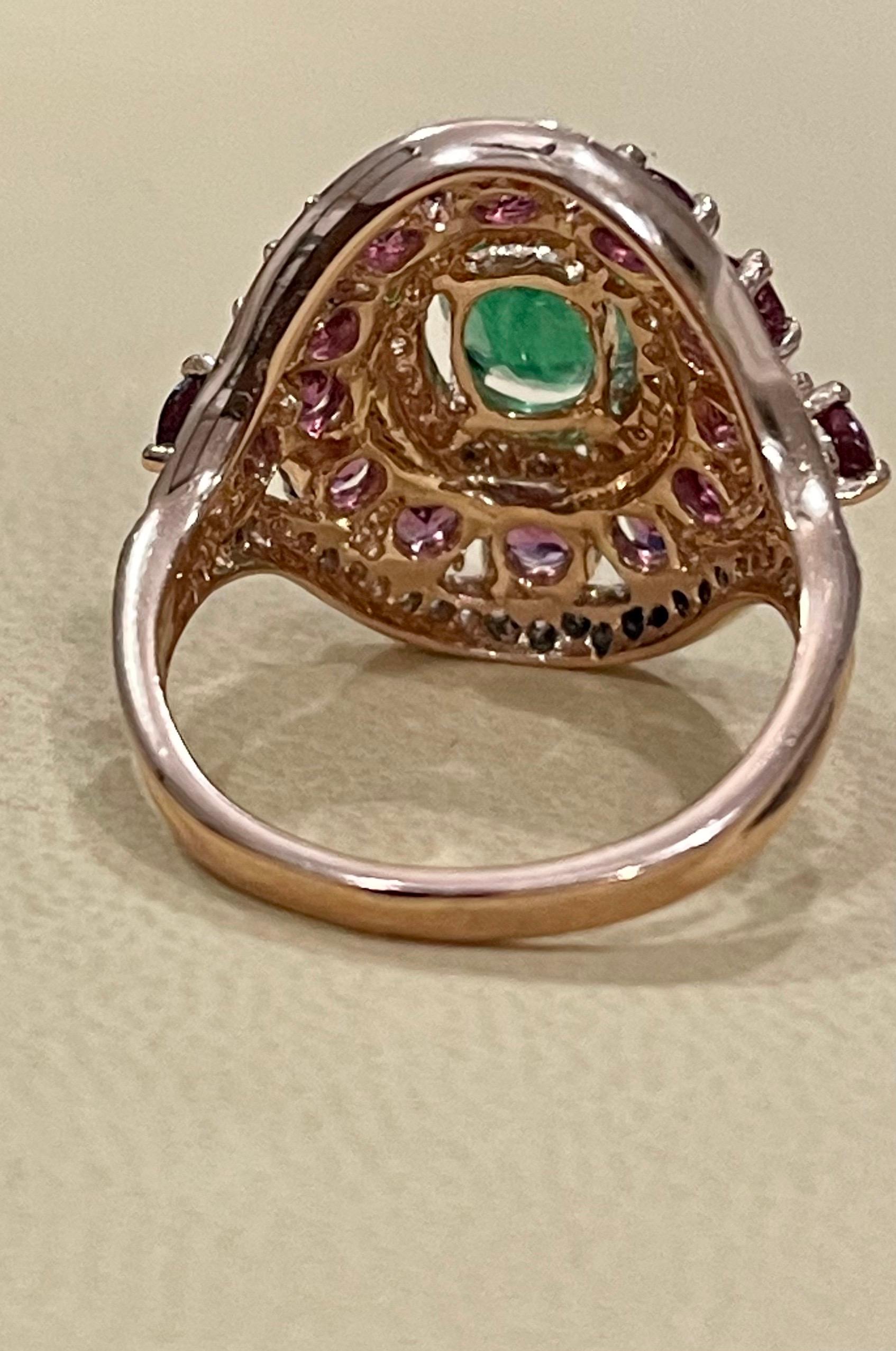 Women's or Men's Emerald, Rubellite and Diamond Cocktail Ring in 14 Karat Rose Gold