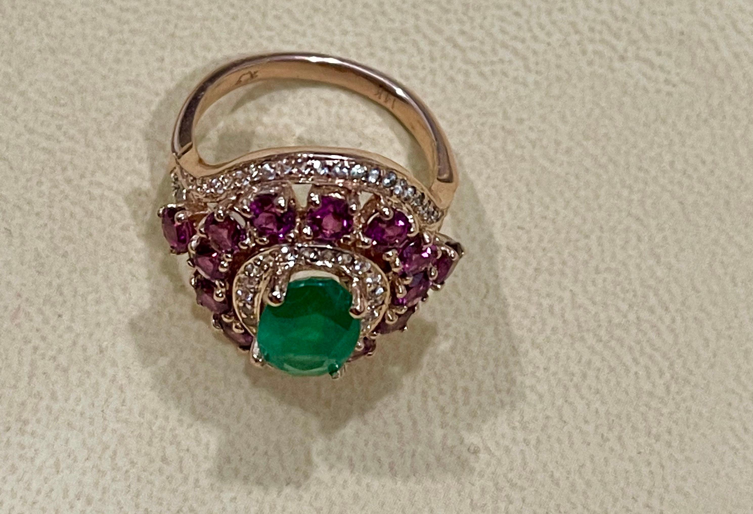 Emerald, Rubellite and Diamond Cocktail Ring in 14 Karat Rose Gold 1