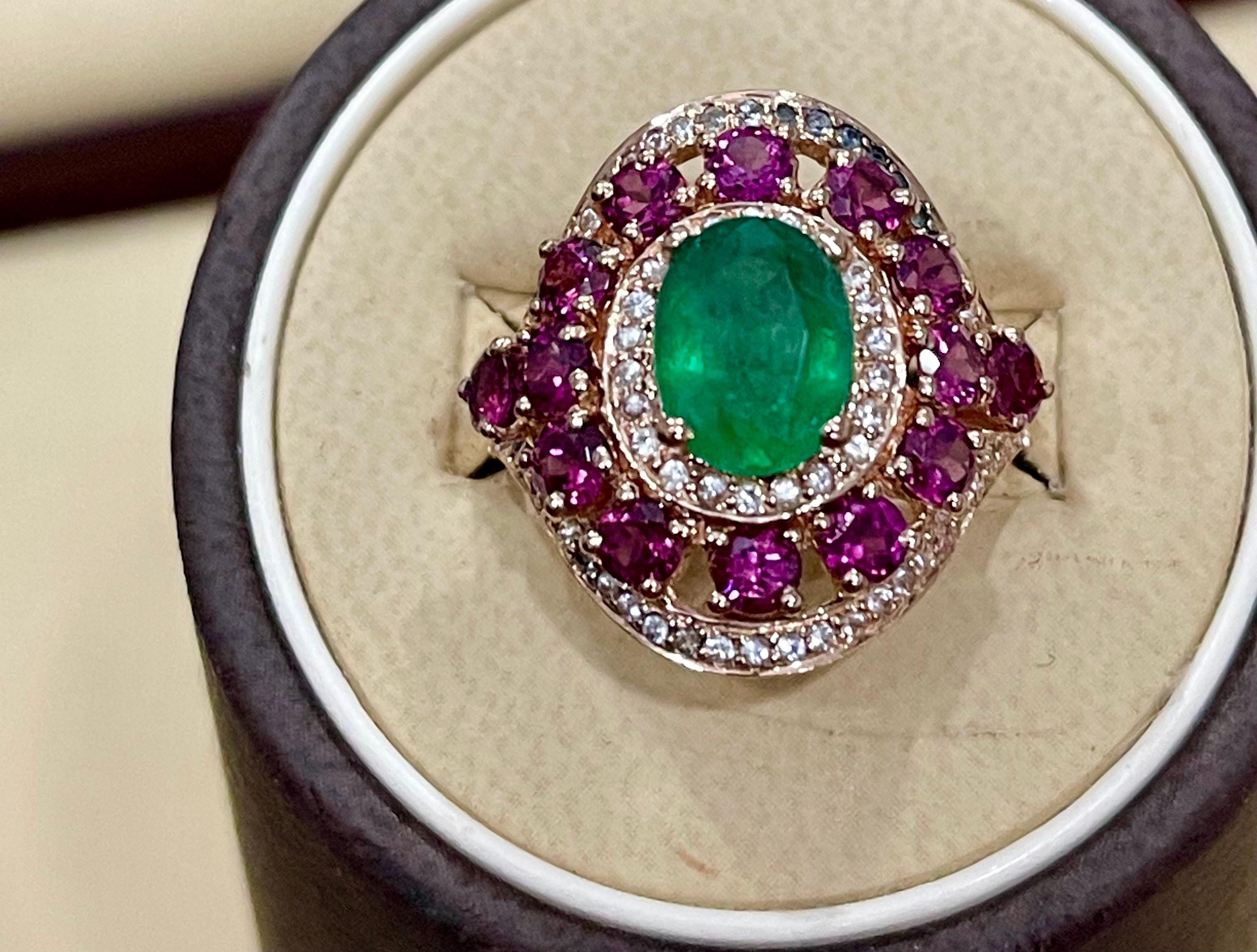 Emerald, Rubellite and Diamond Cocktail Ring in 14 Karat Rose Gold 2