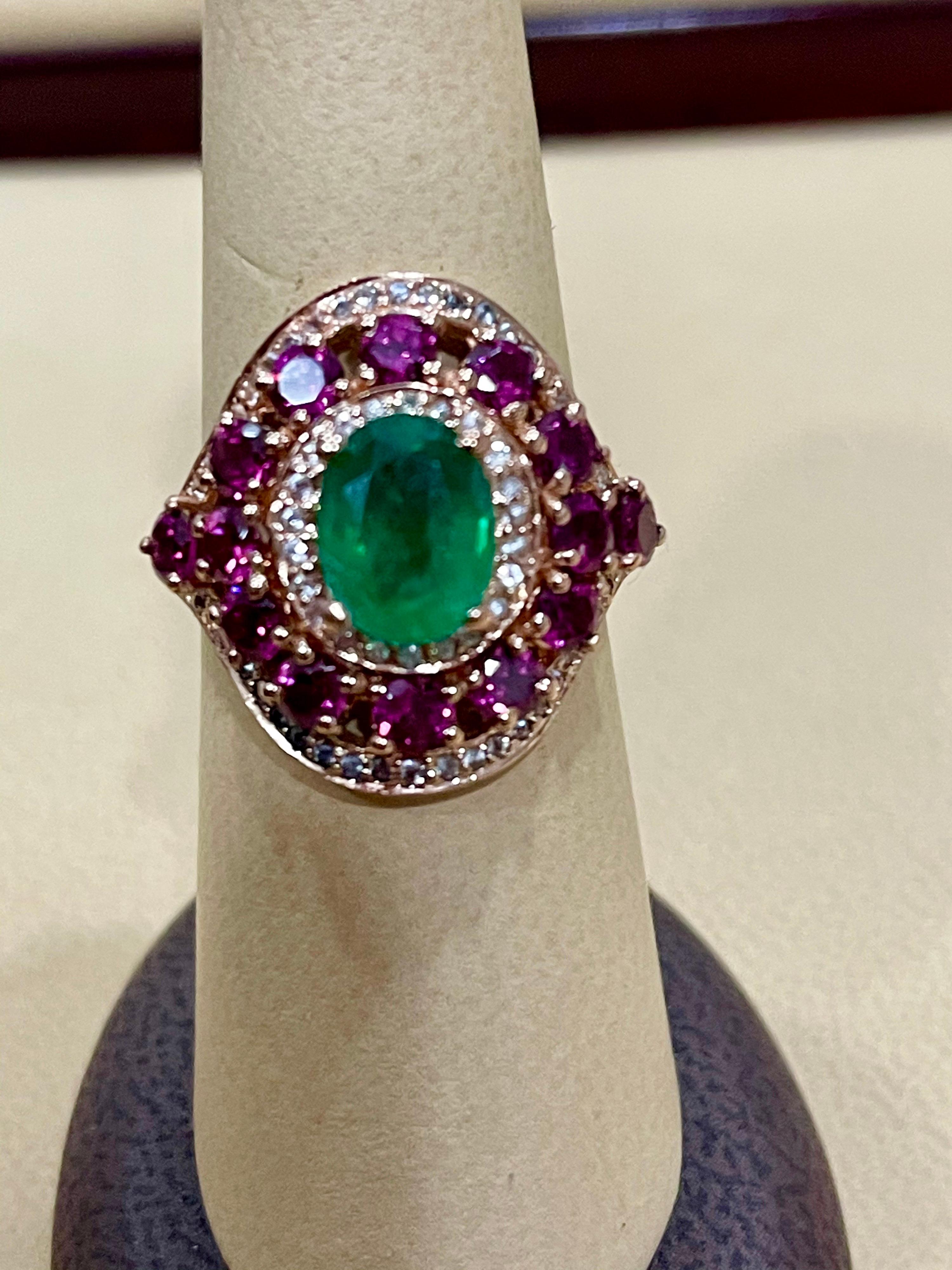 Emerald, Rubellite and Diamond Cocktail Ring in 14 Karat Rose Gold 3