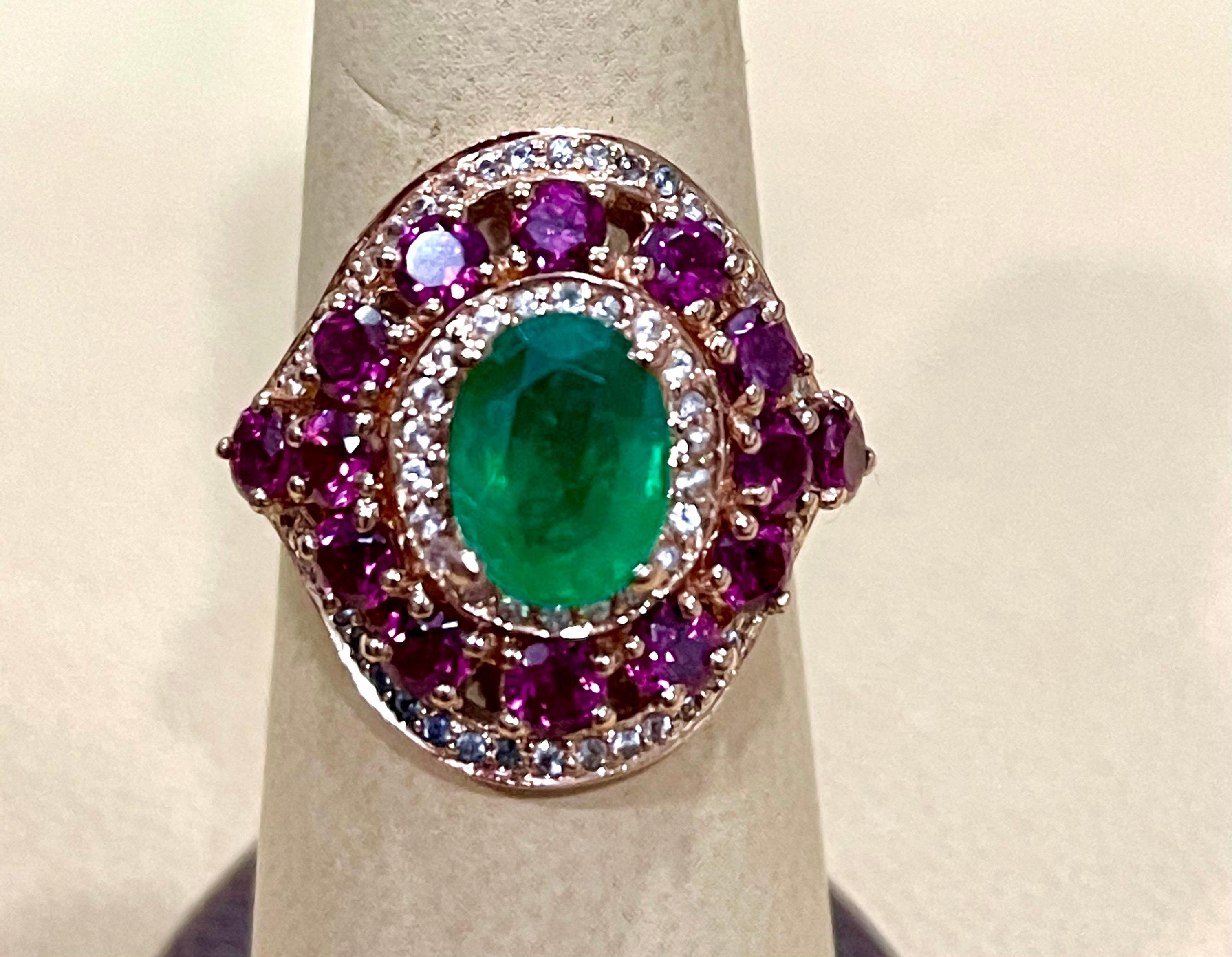 Emerald, Rubellite and Diamond Cocktail Ring in 14 Karat Rose Gold 4