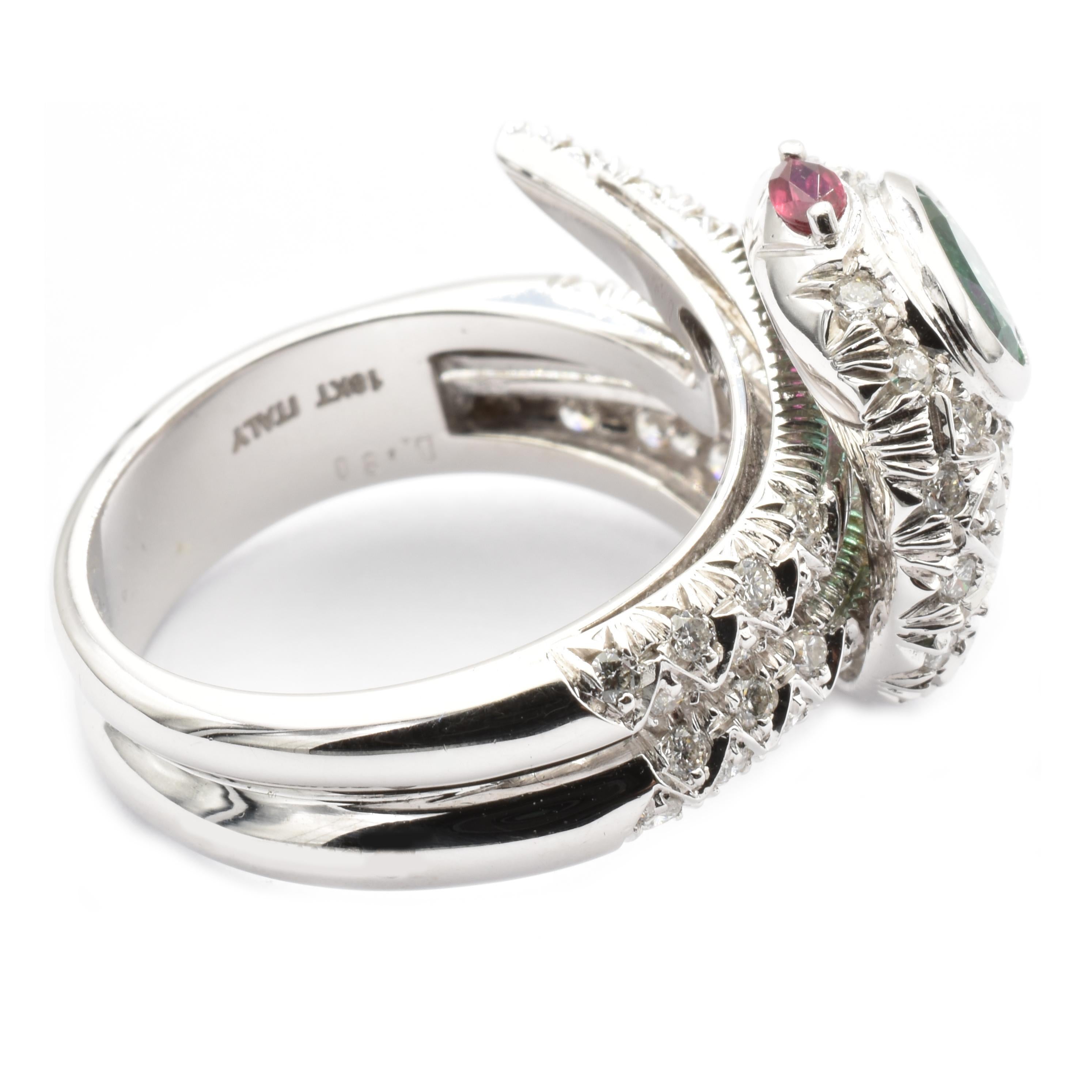 Contemporary Emerald, Rubies and Diamonds White Gold Snake Ring Made in Italy For Sale