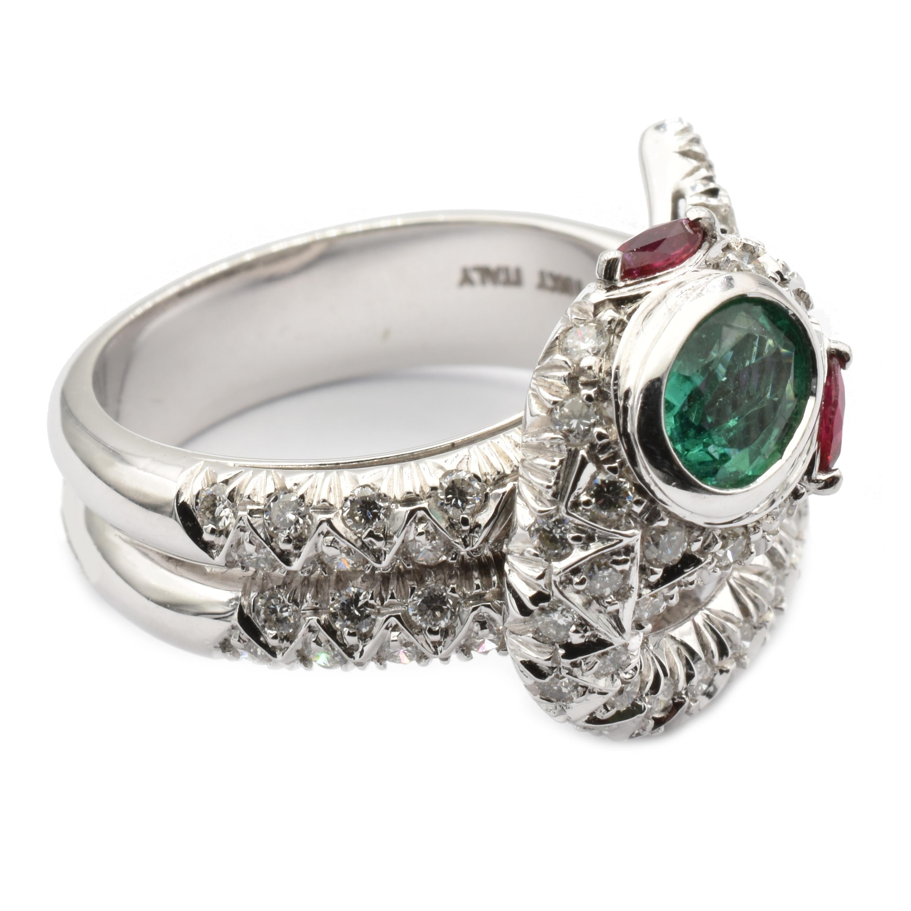 Oval Cut Emerald, Rubies and Diamonds White Gold Snake Ring Made in Italy For Sale