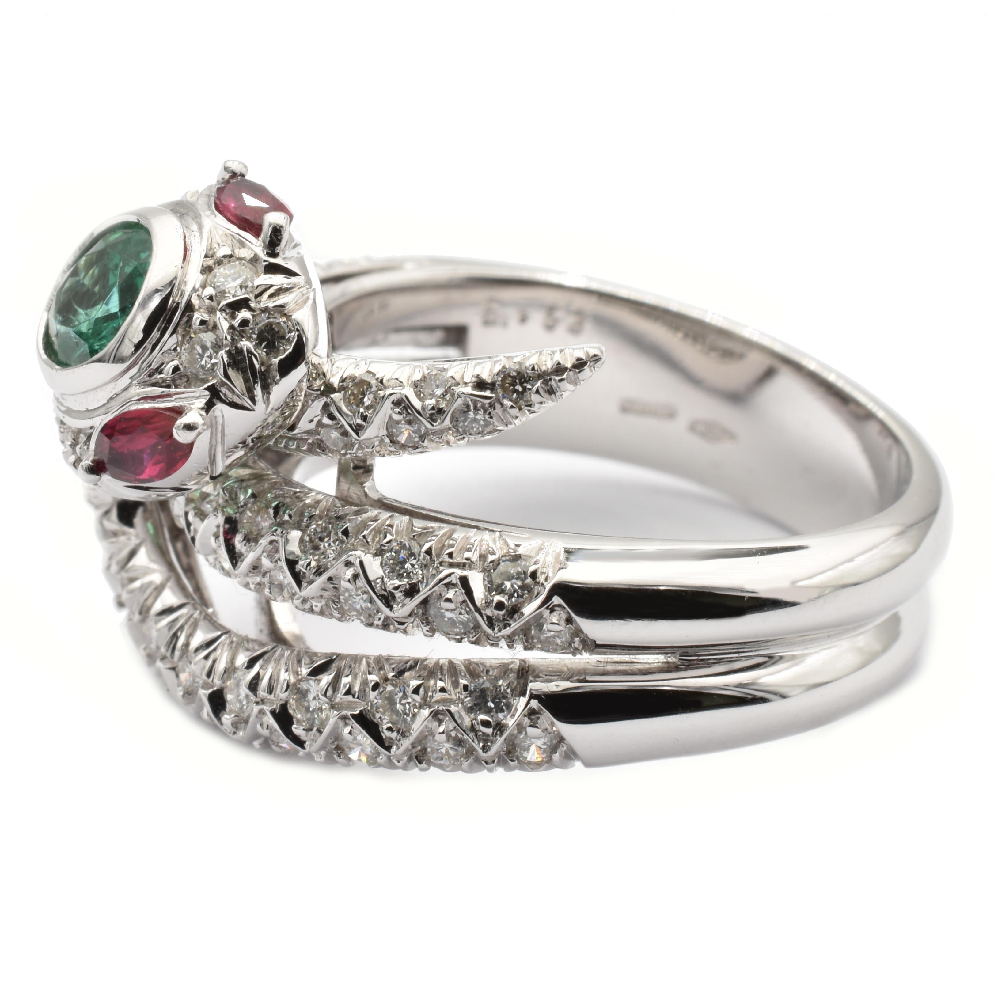 Emerald, Rubies and Diamonds White Gold Snake Ring Made in Italy In New Condition For Sale In Valenza, AL