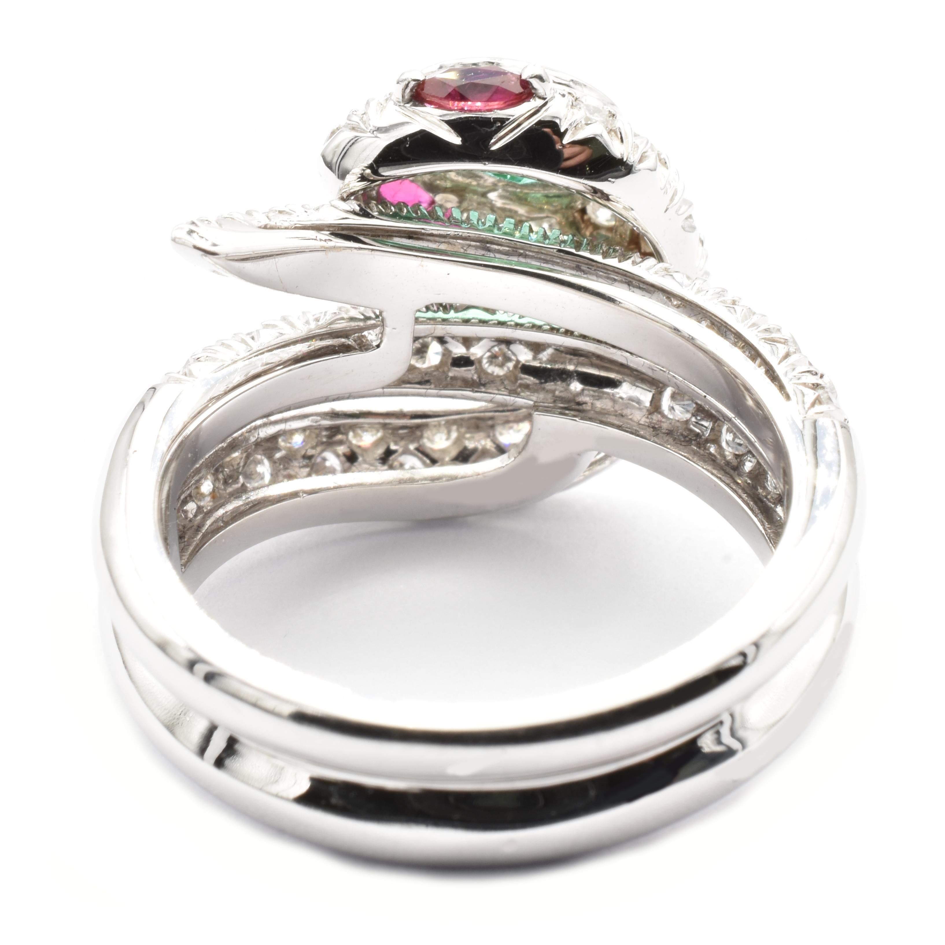 Women's Emerald, Rubies and Diamonds White Gold Snake Ring Made in Italy For Sale
