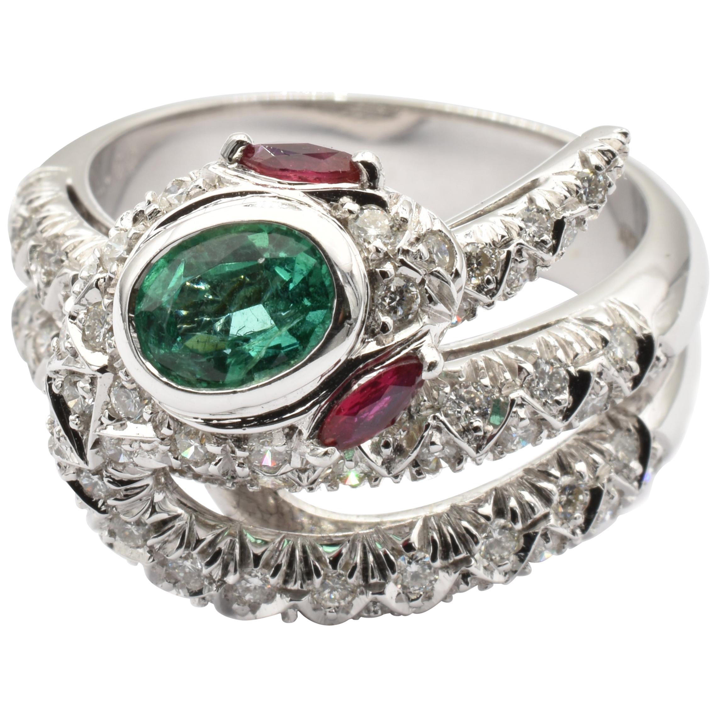 Emerald, Rubies and Diamonds White Gold Snake Ring Made in Italy